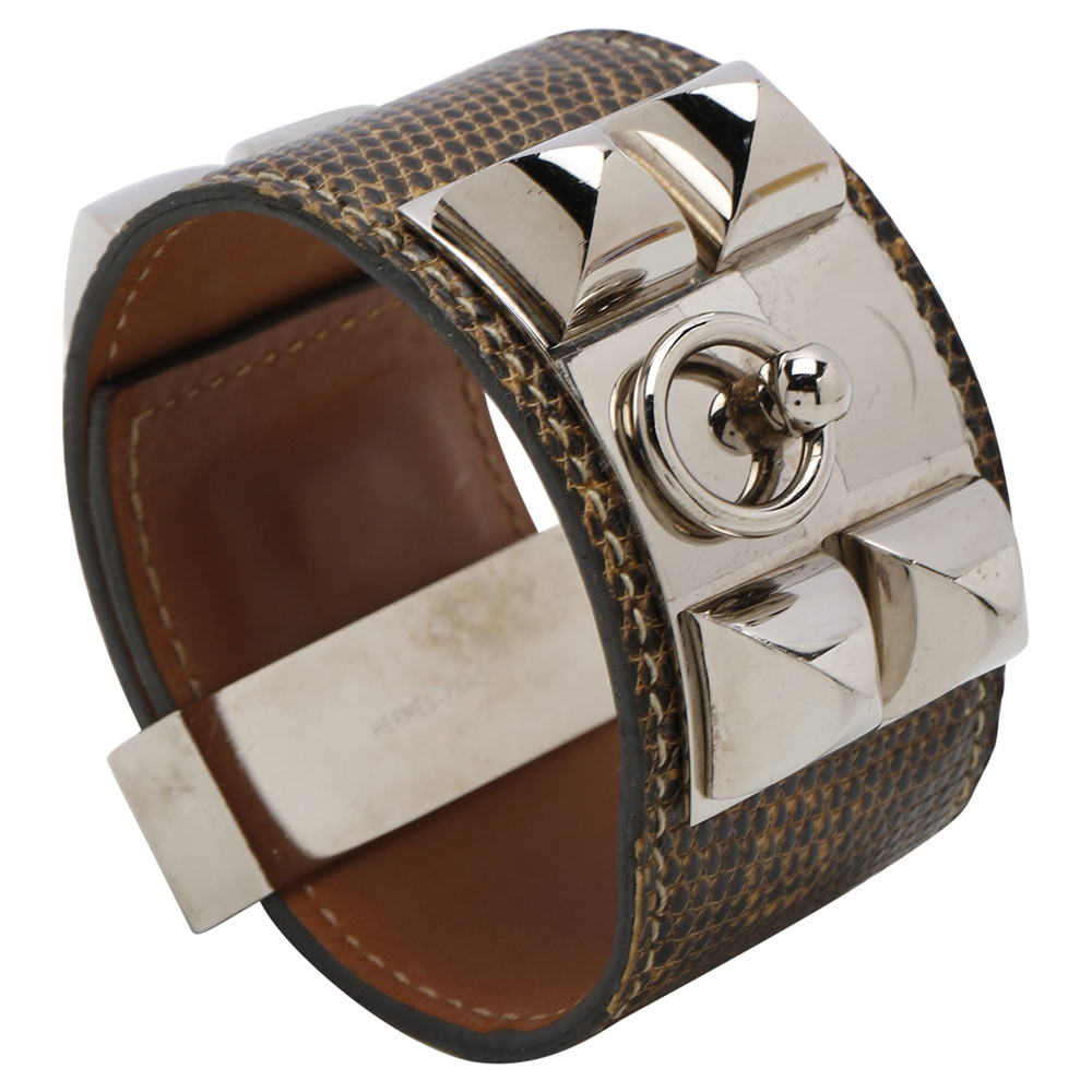 Hermes Brown Leather Lizard Collier De Chien Wide Bracelet