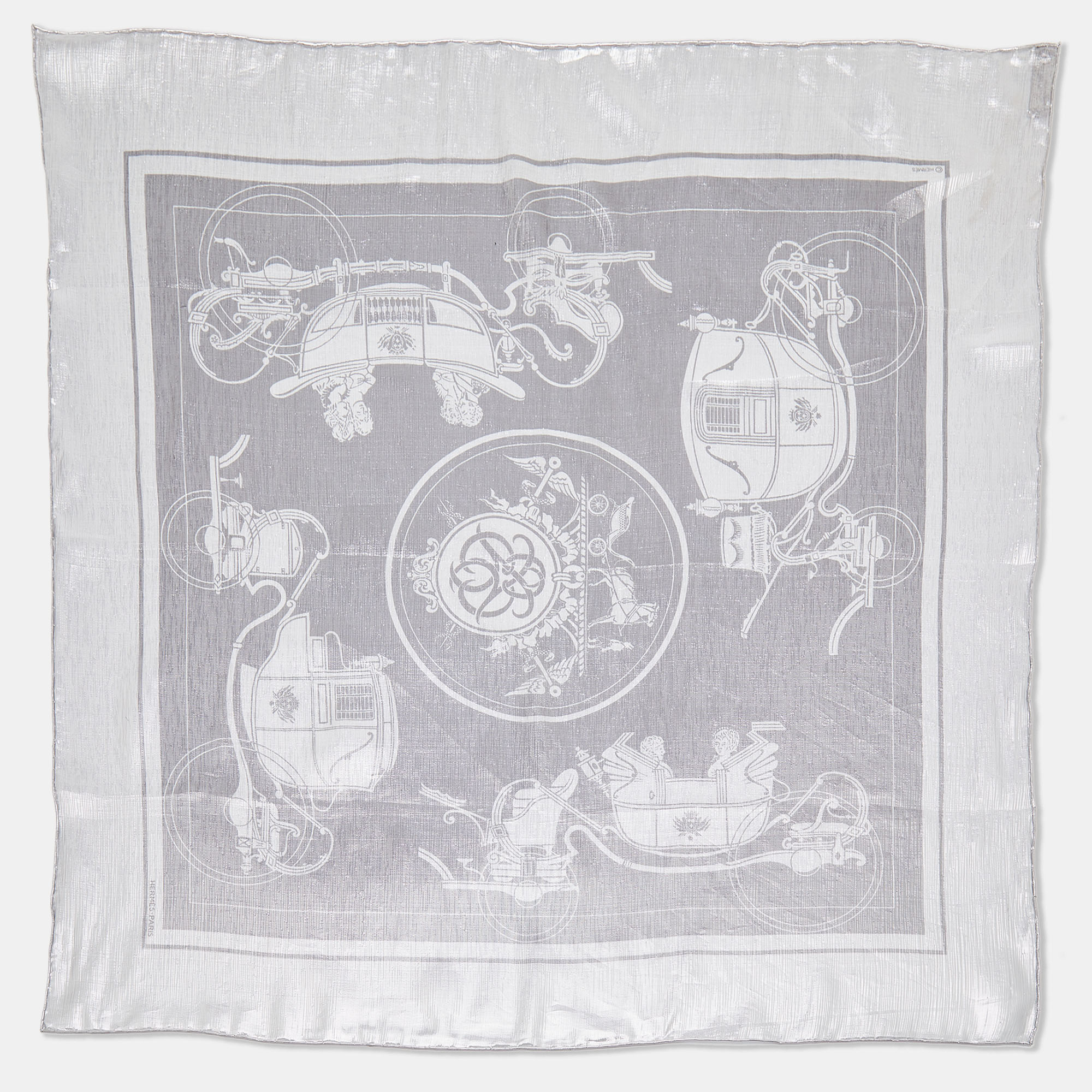 Hermes Silver Carriage Pattern Lurex Silk Square Scarf