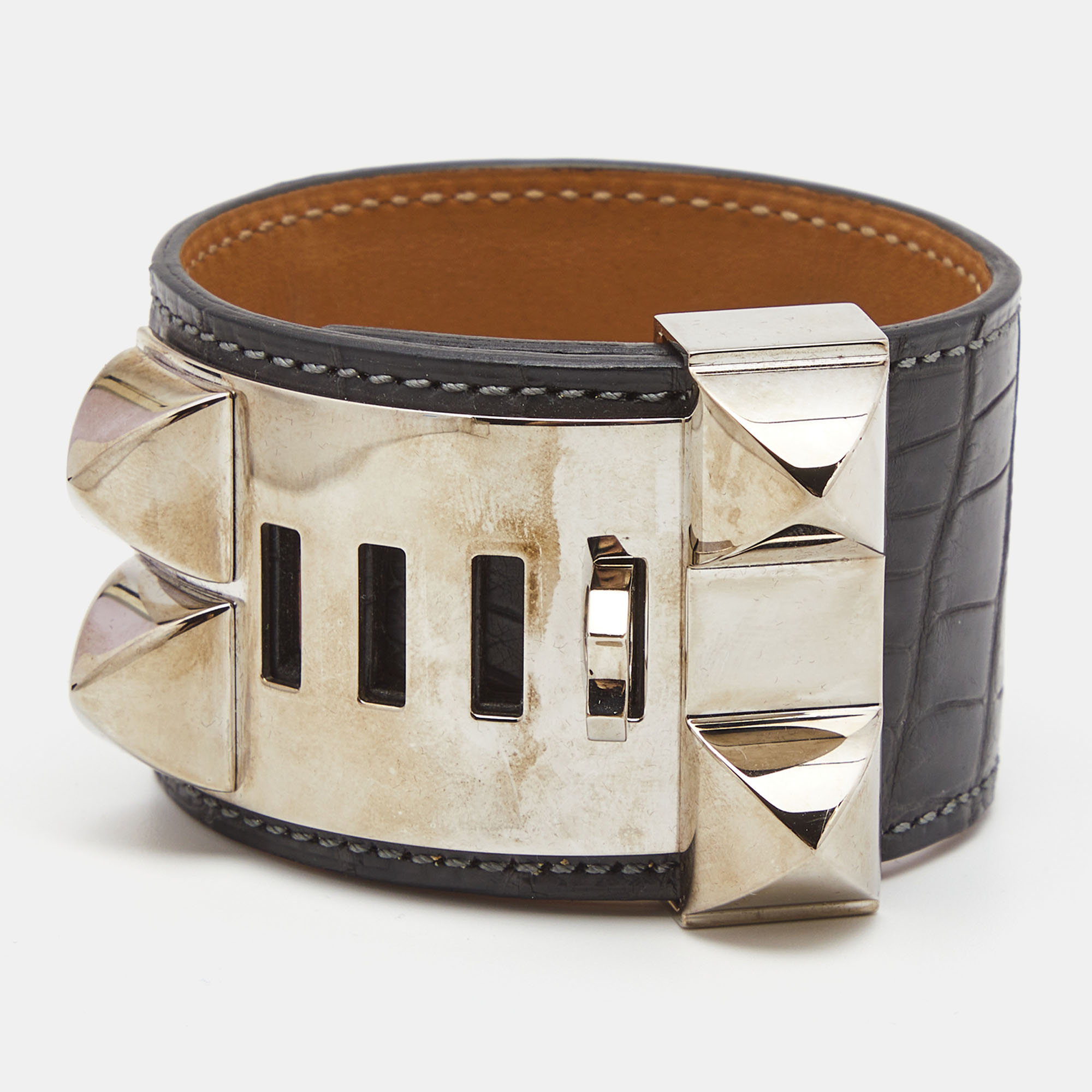 Hermes Collier De Chien Matte Graphite Alligator Leather Palladium Plated Cuff Bracelet S