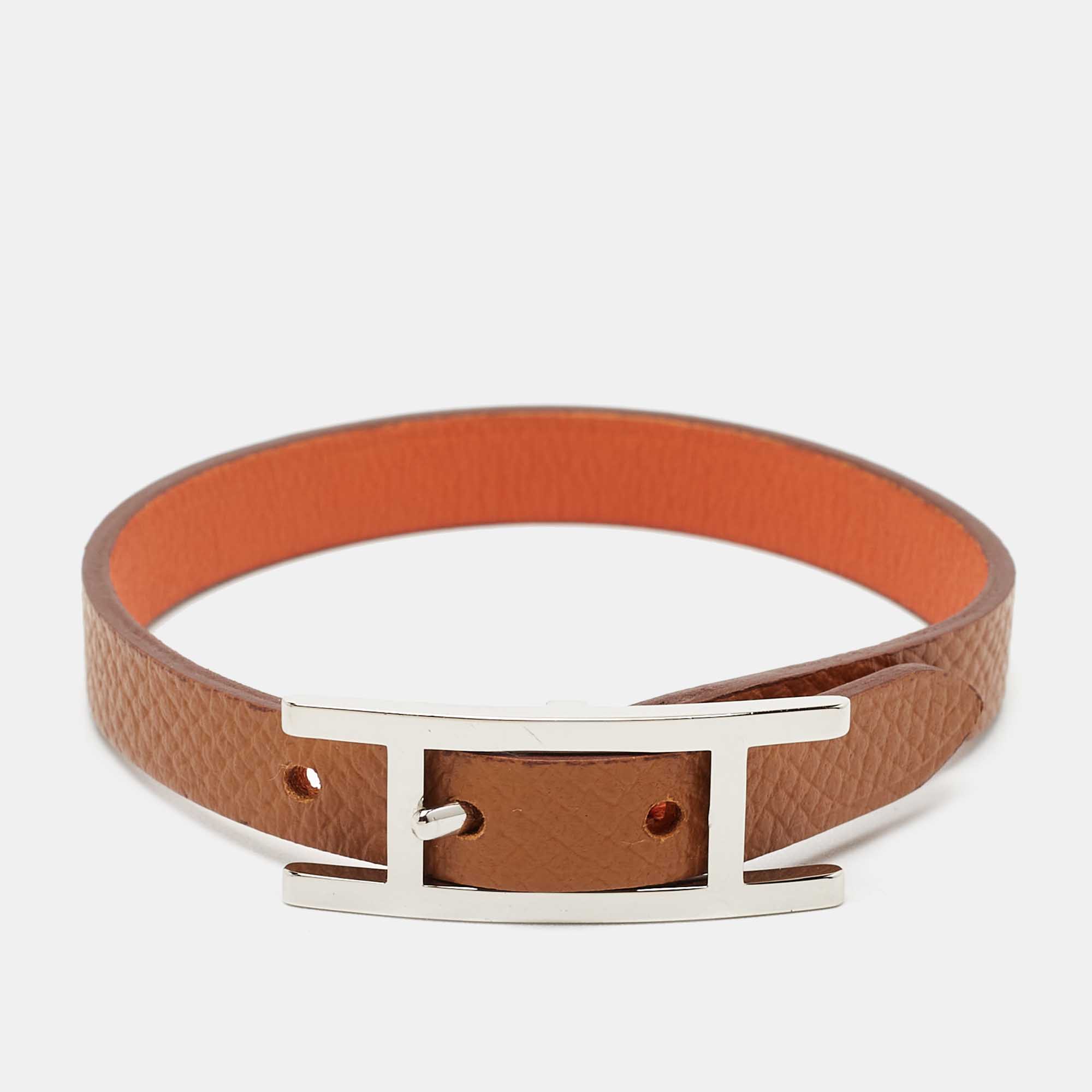 Hermes Behapi Brown/Orange Leather Palladium Plated Reversible Bracelet