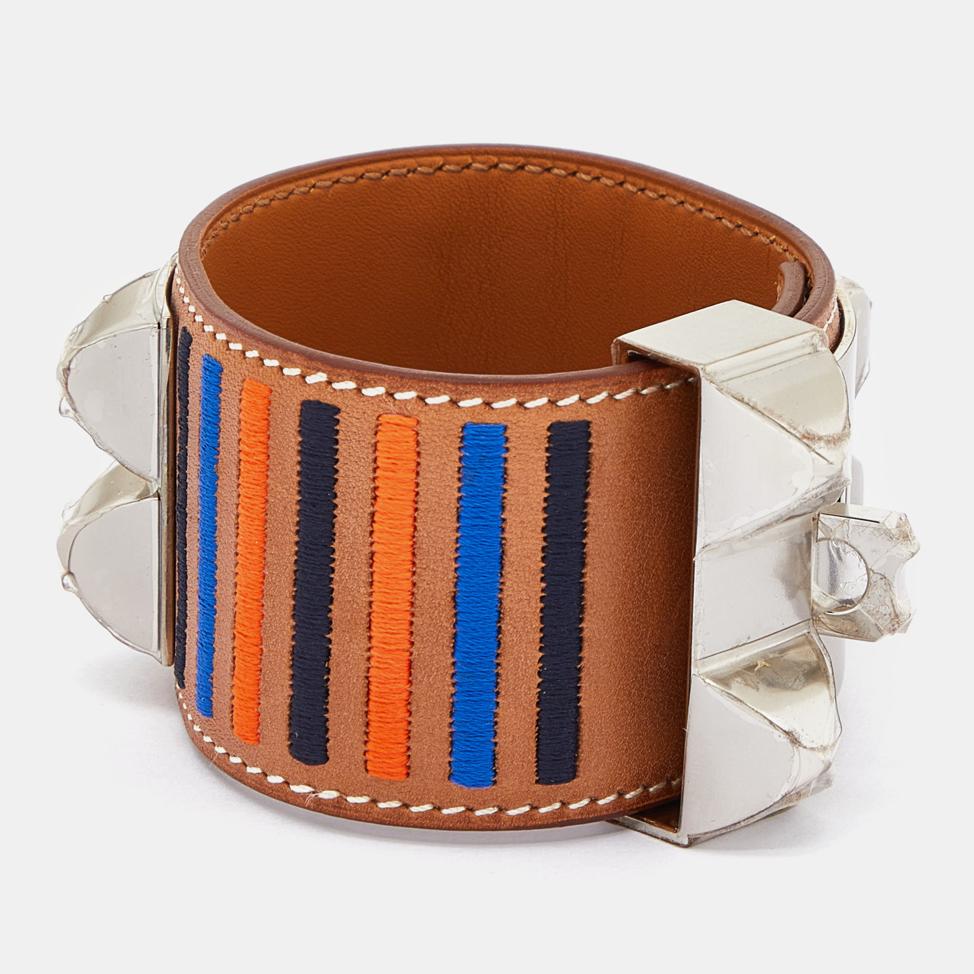 Hermes Brown Striped Leather Palladium Plated Collier De Chien Bracelet