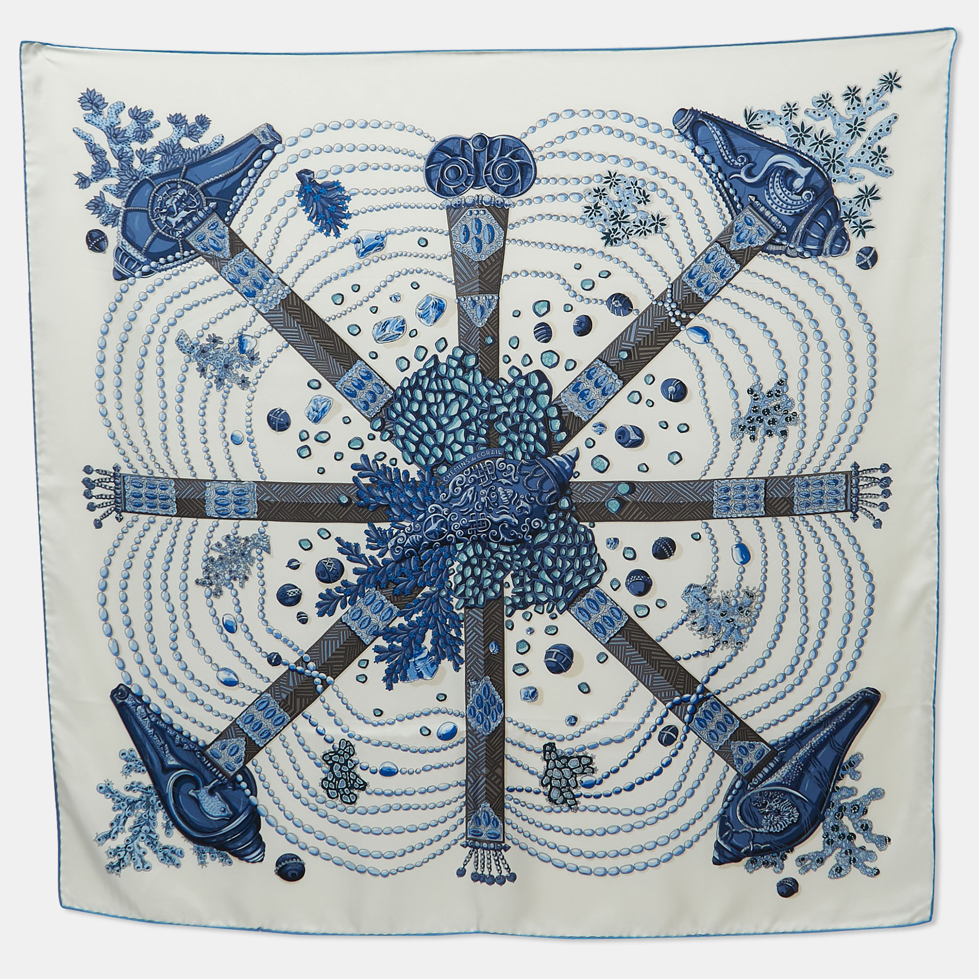 Hermès White & Blue Chemins De Corail Printed Silk Square Scarf