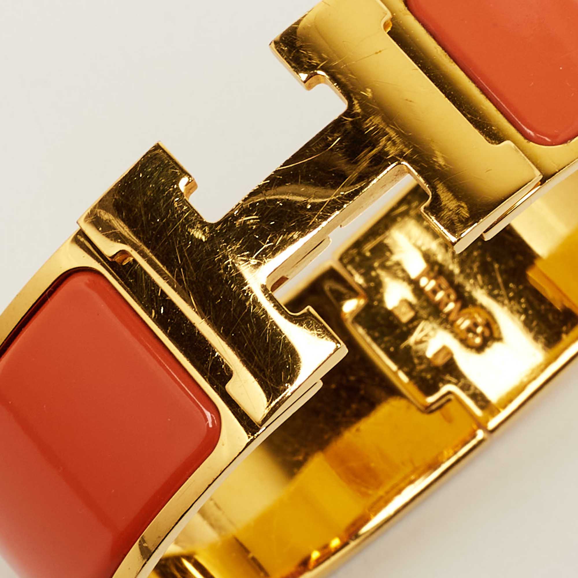 Hermès Clic Clac H Orange Enamel Gold Plated Wide Bracelet
