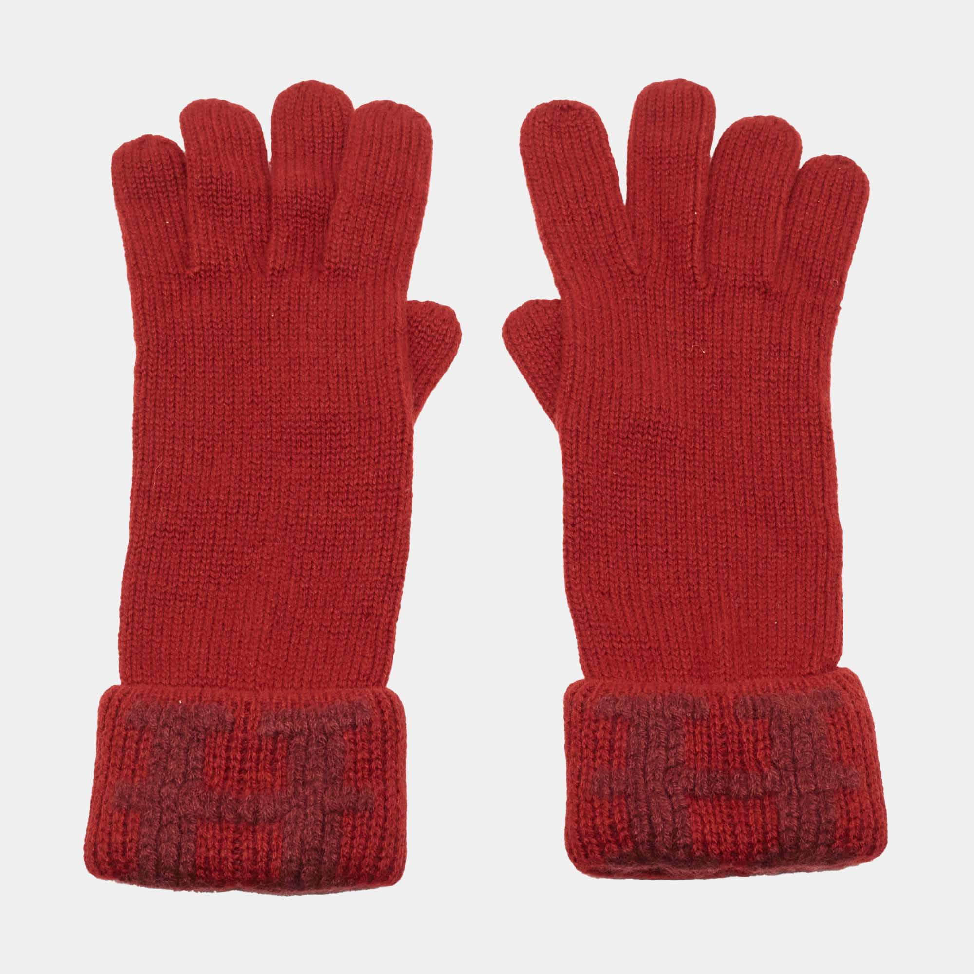 Hermes Red Monogram Cashmere Gloves M