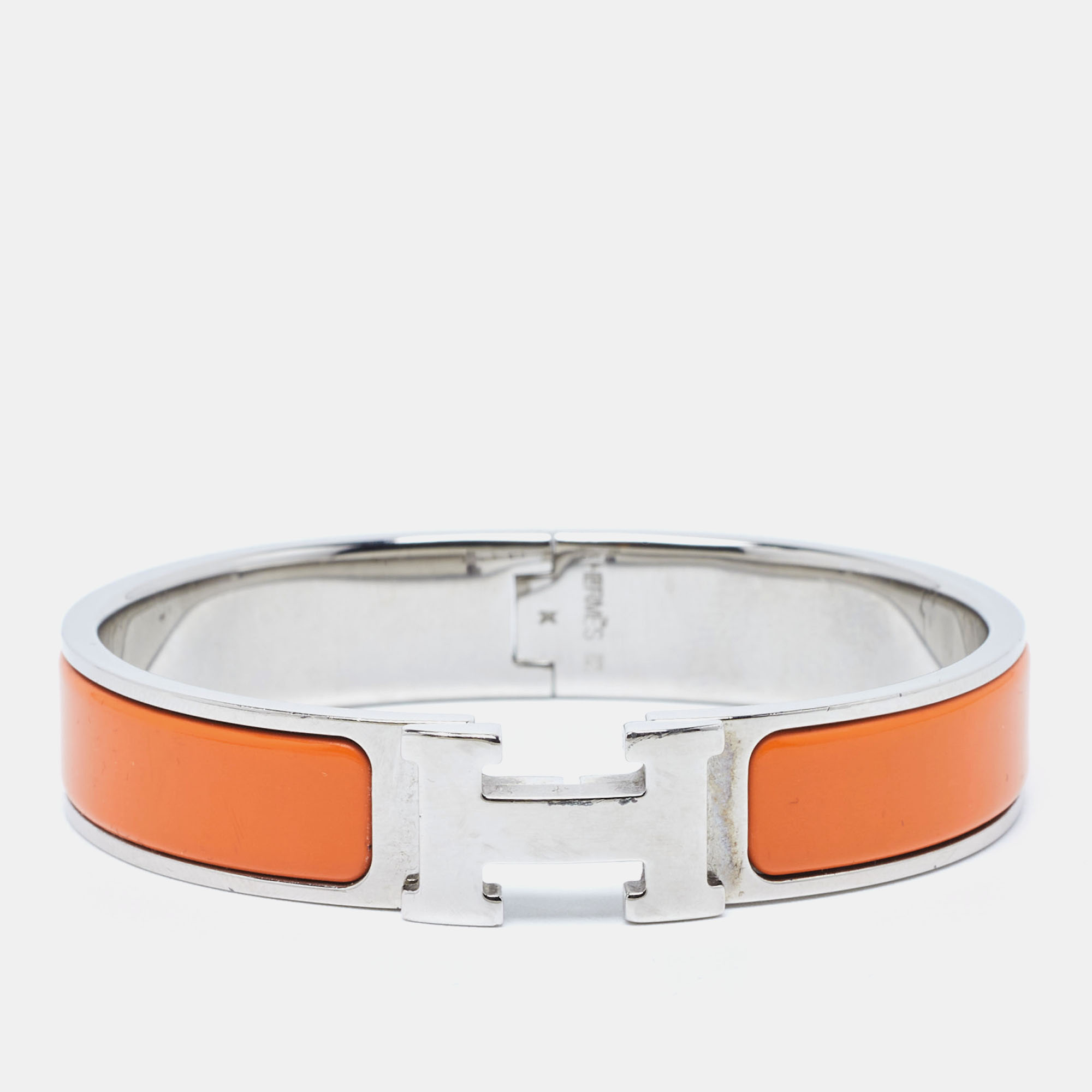 Hermes Clic  H Orange Enamel Palladium Plated Narrow Bracelet