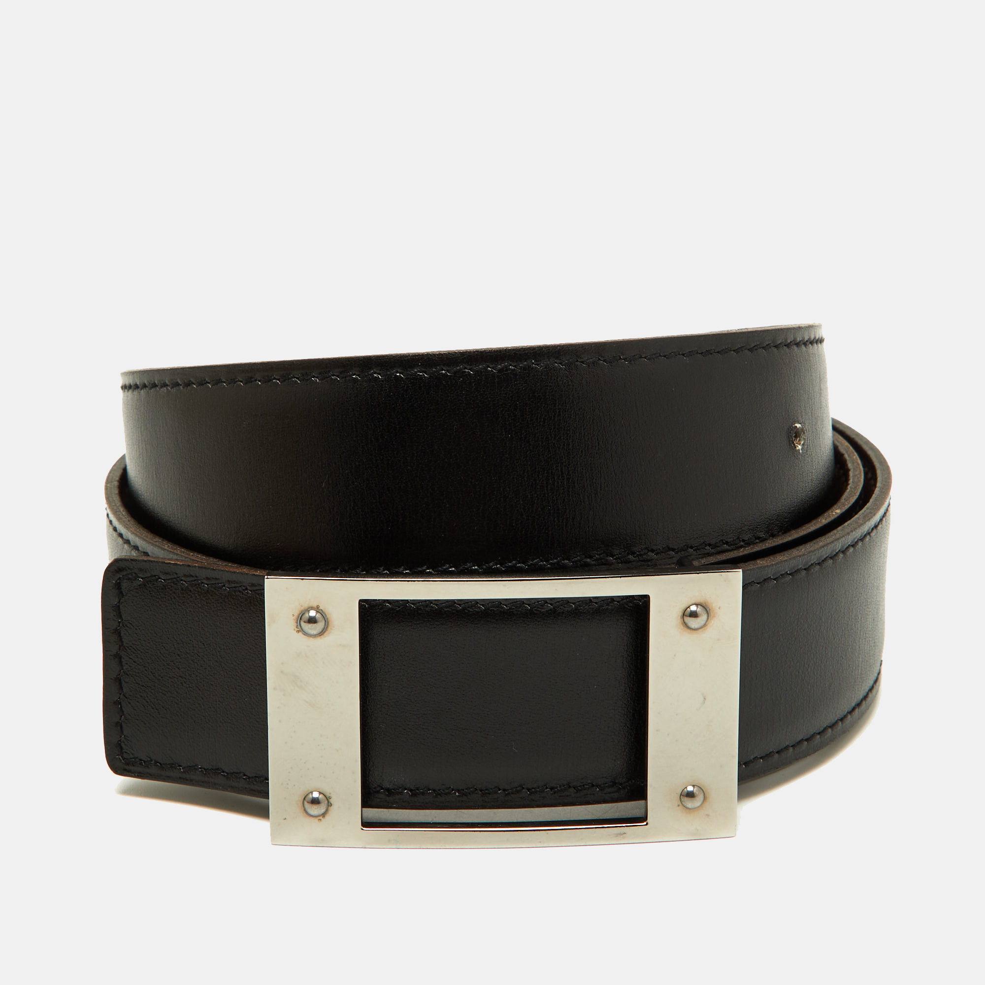 Hermes black/chocolat box and togo leather buckle reversible belt 85cm
