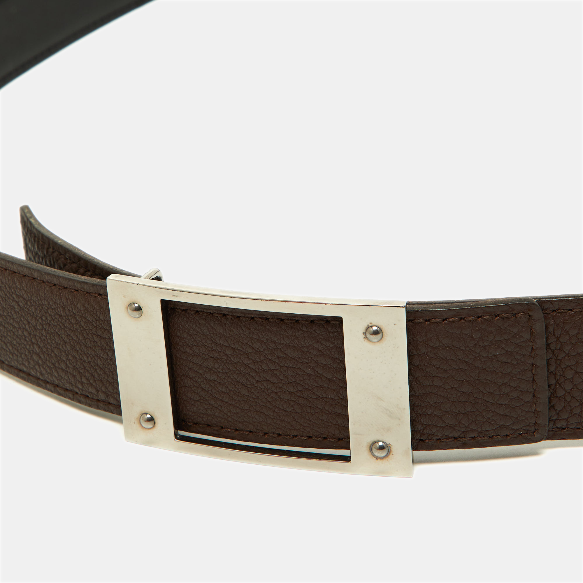 Hermes Black/Chocolat Box And Togo Leather Buckle Reversible Belt 85CM