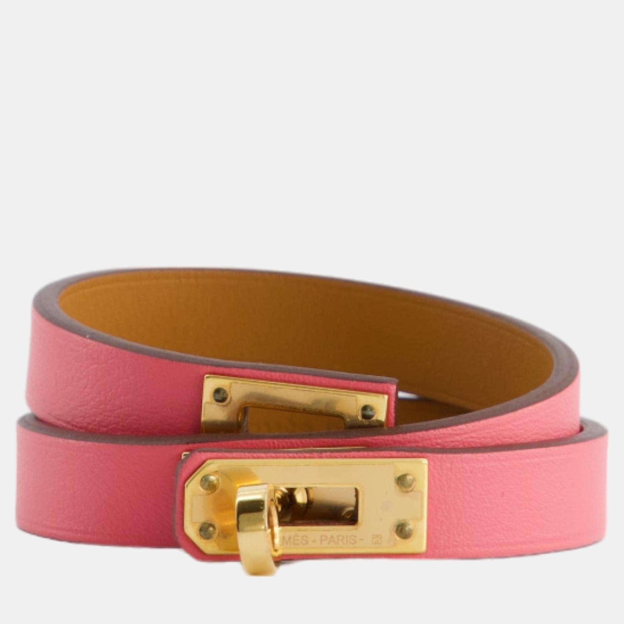 Hermes Mini Kelly Double Tour Bracelet In Rose Pop With Gold Hardware