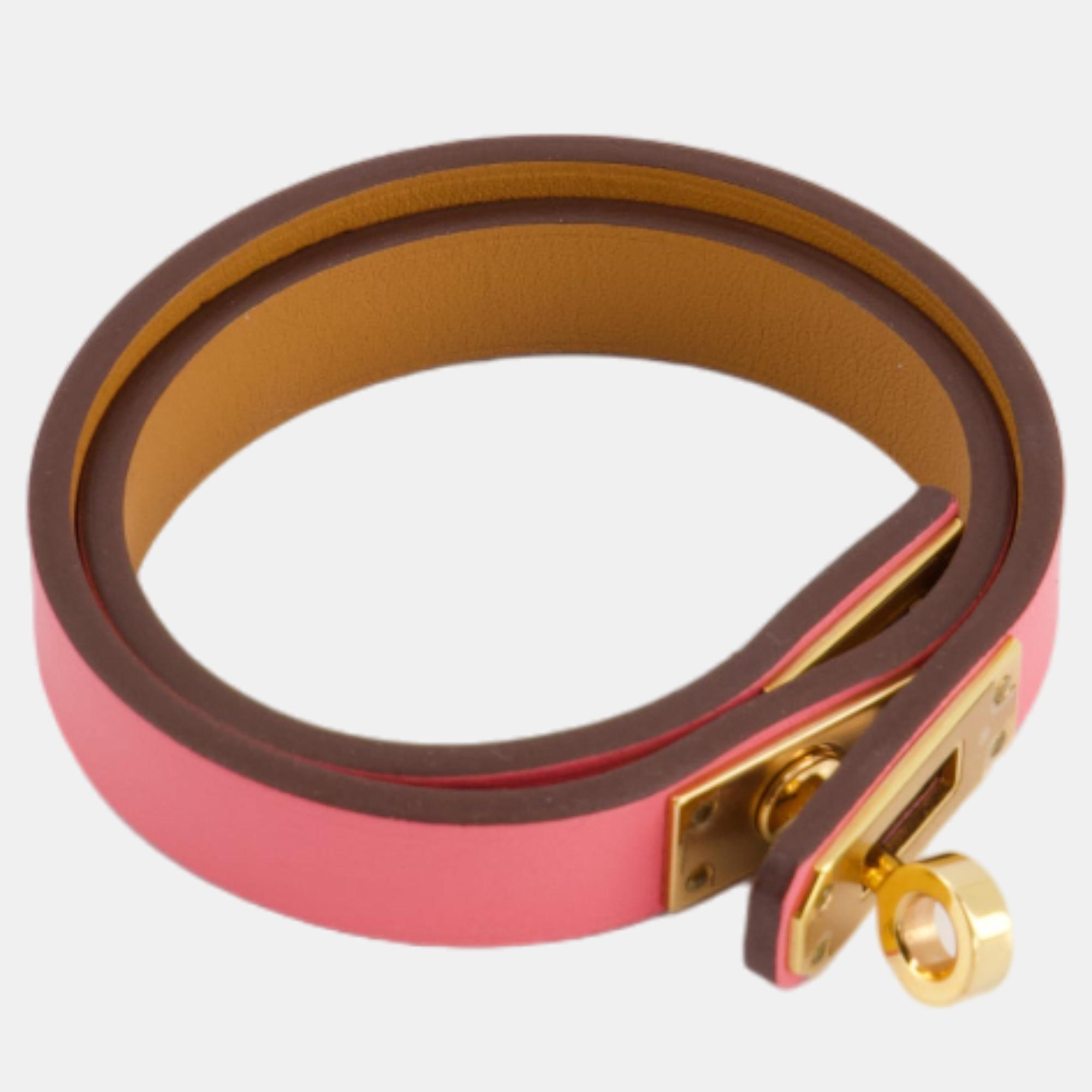Hermes Mini Kelly Double Tour Bracelet In Rose Pop With Gold Hardware