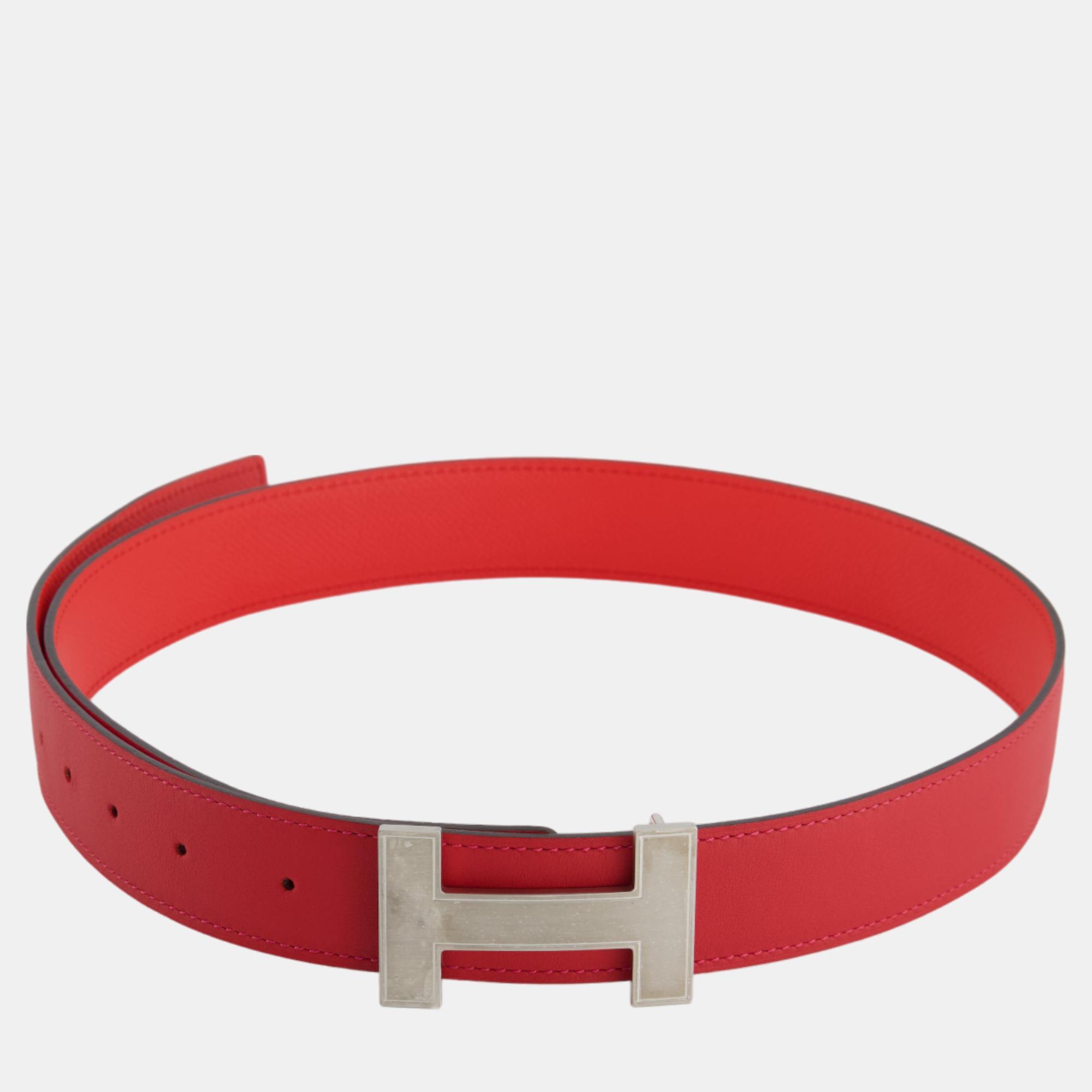 Hermes Red Reversible Constance Belt With Brushed Palladium Buckle Size 85cm