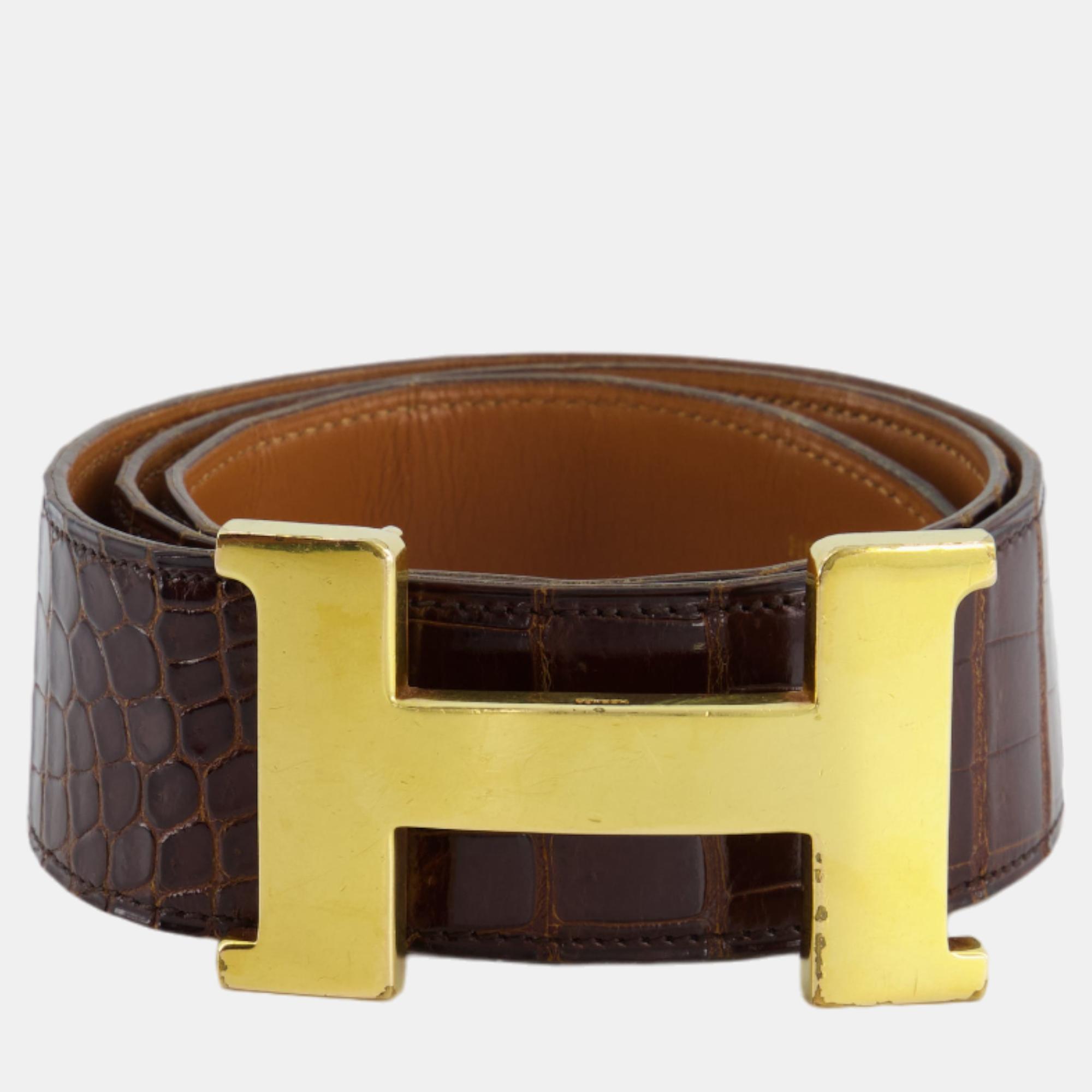 Hermes Vintage Brown Croc Belt With Gold H Buckle Size 80