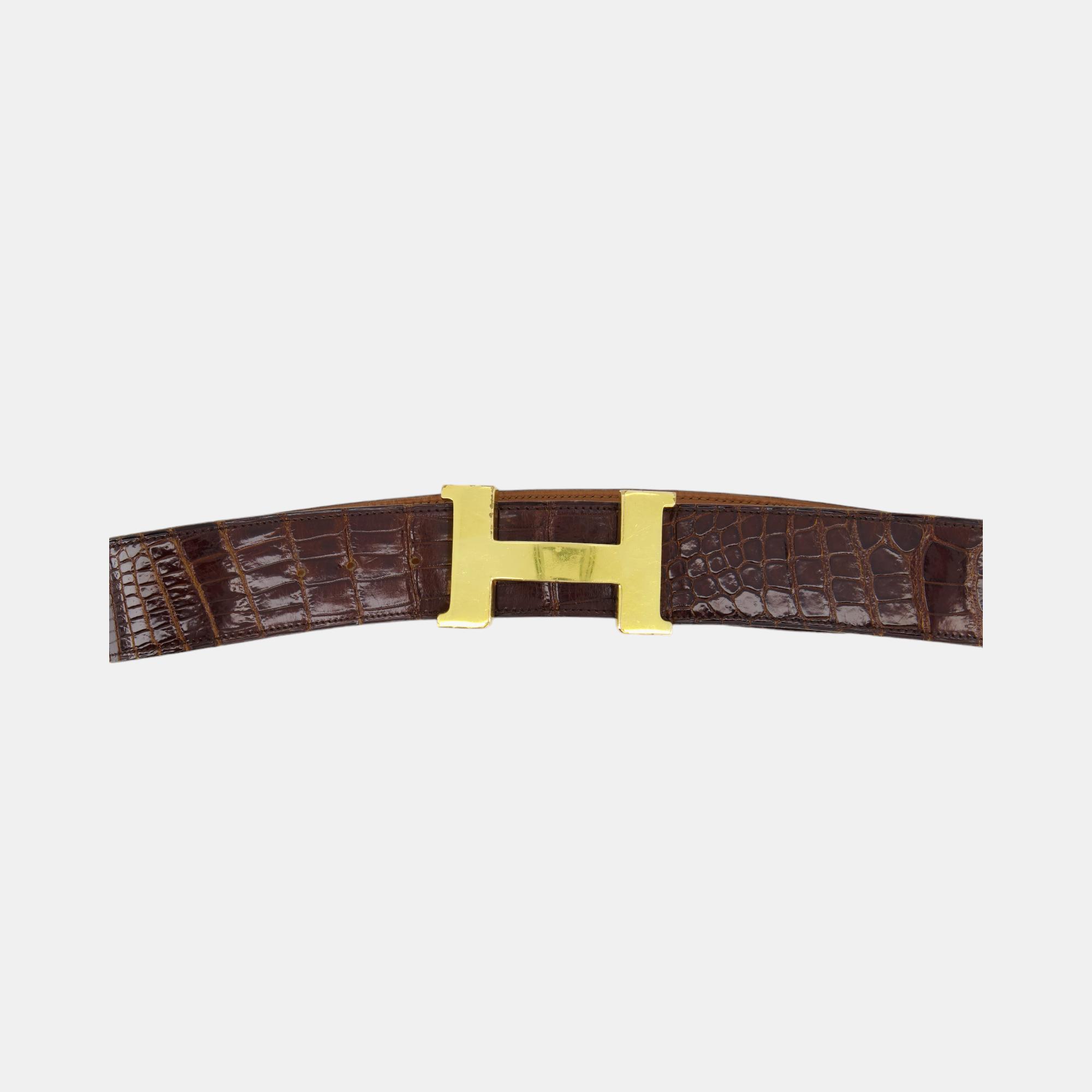 Hermes Vintage Brown Croc Belt With Gold H Buckle Size 80