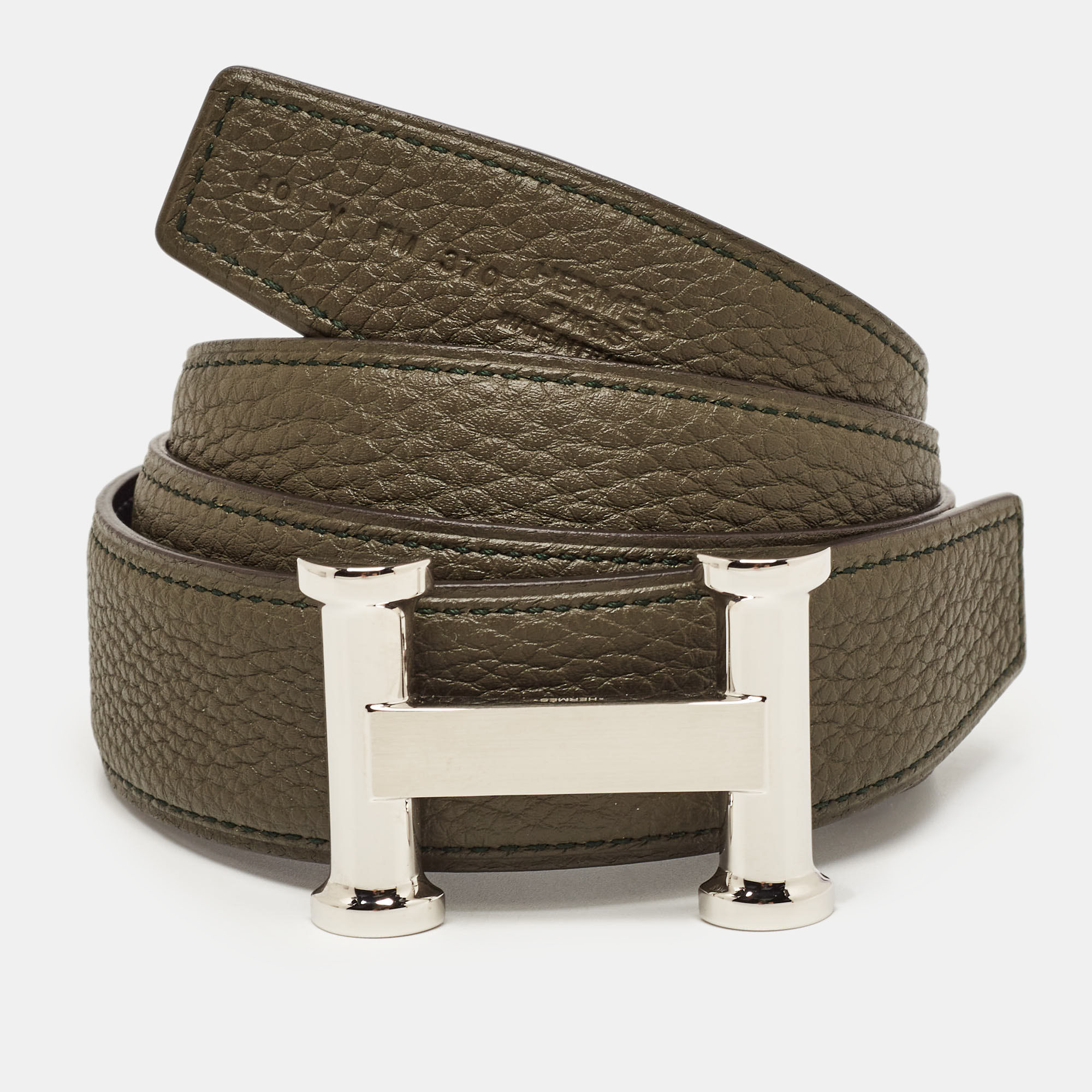 Hermes Graphite/Vert De Gris Chamonix And Togo Leather Agora Buckle Belt 80 CM