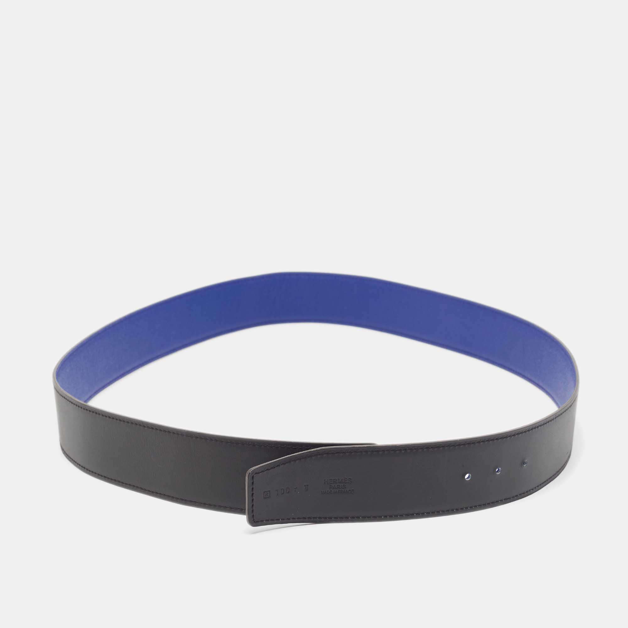 Hermes noir//blue electric swift and epsom leather reversible belt strap 100 cm