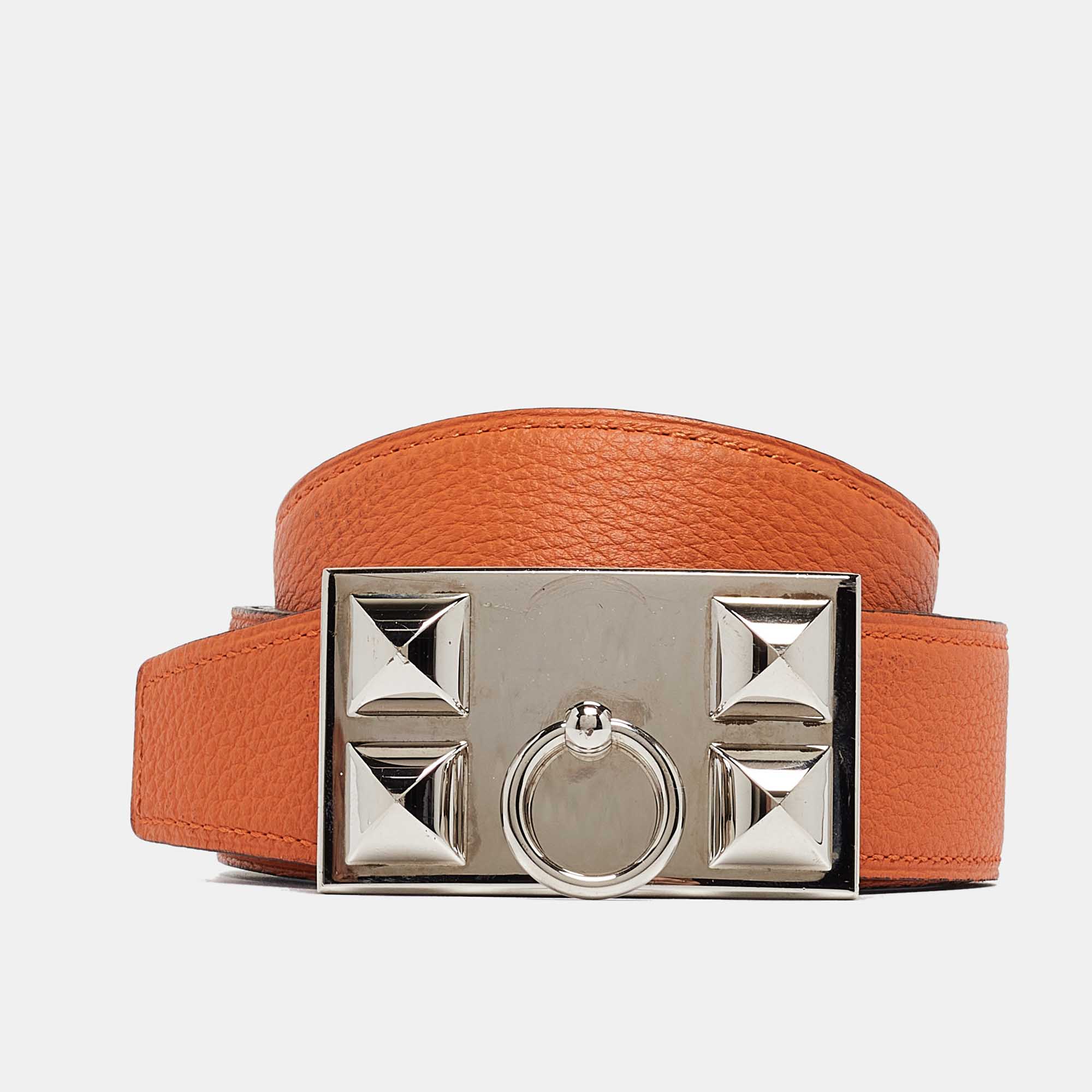 Hermes orange/black togo and chamonix collier de chien belt 95cm