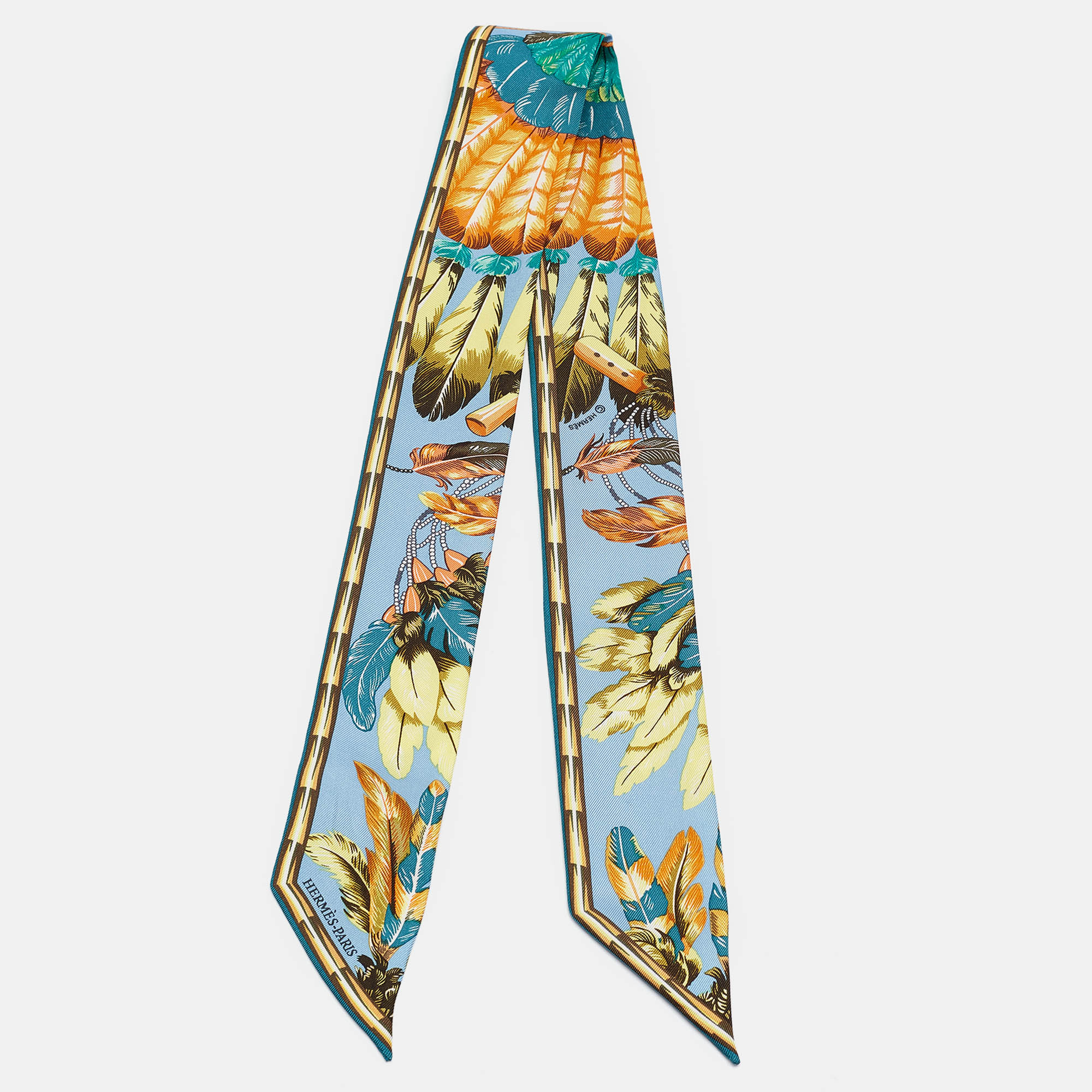 Hermes herm&egrave;s multicolor feather print silk twill bandeau scarf