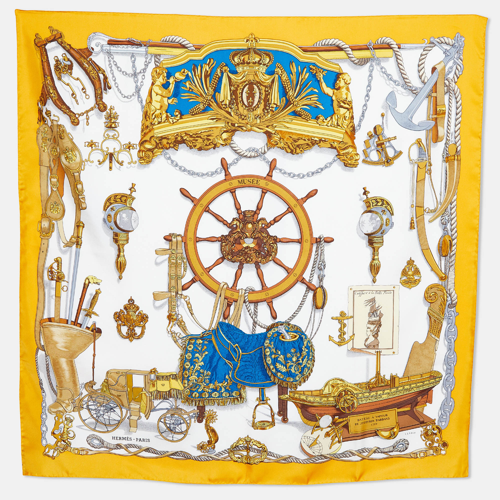 Hermes white/yellow bateau a vapeur de jouffroy d&rsquo;abbans 1784 silk scarf