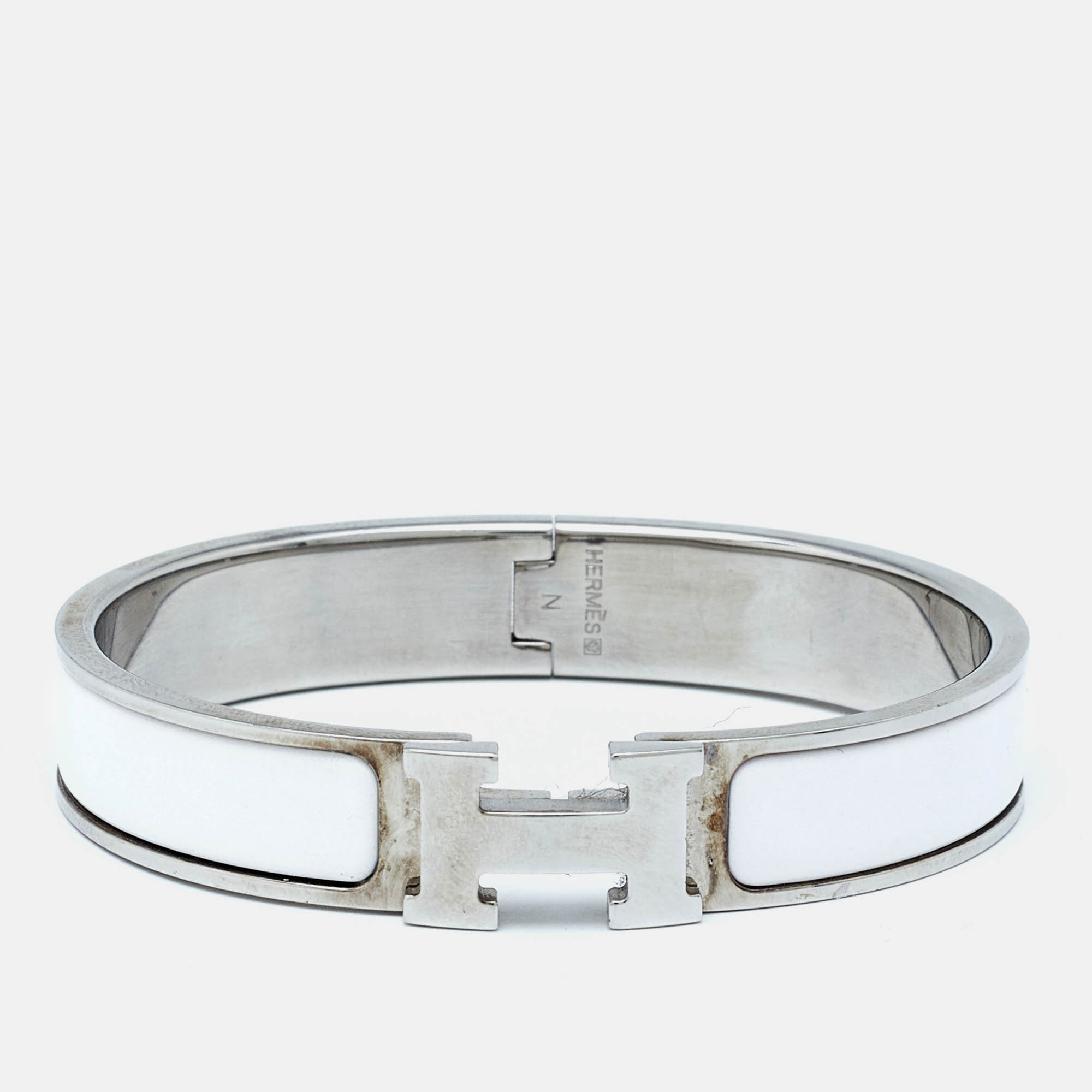 Hermes herm&egrave;s clic h white enamel palladium plated narrow bracelet