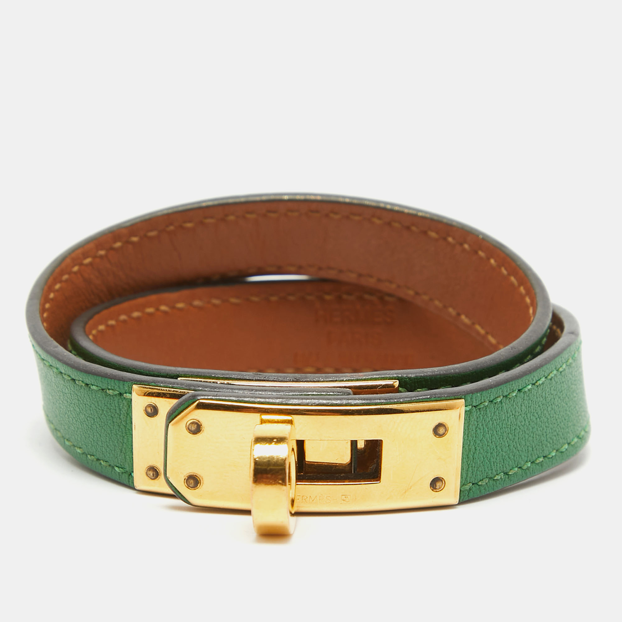 Hermes mini kelly green leather gold plated wrap bracelet