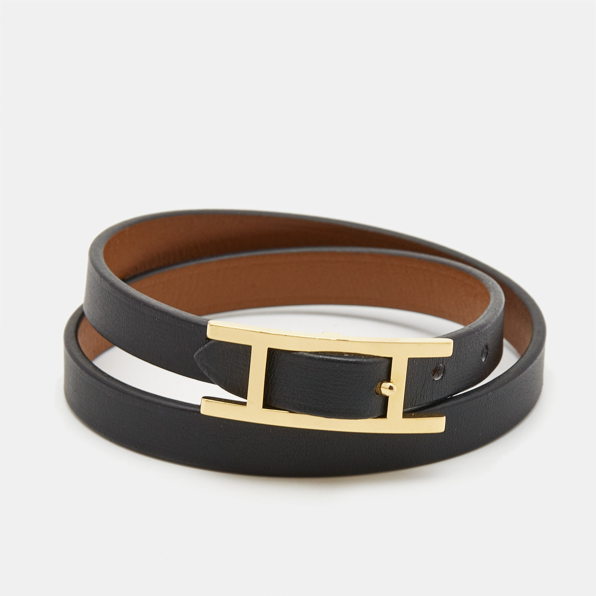 Hermes behapi black leather gold plated double tour reversible bracelet