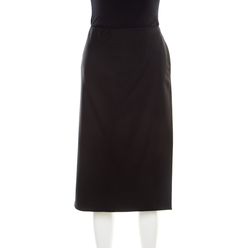Image of Hermes Black Wool Fold Over Front Pencil Skirt L