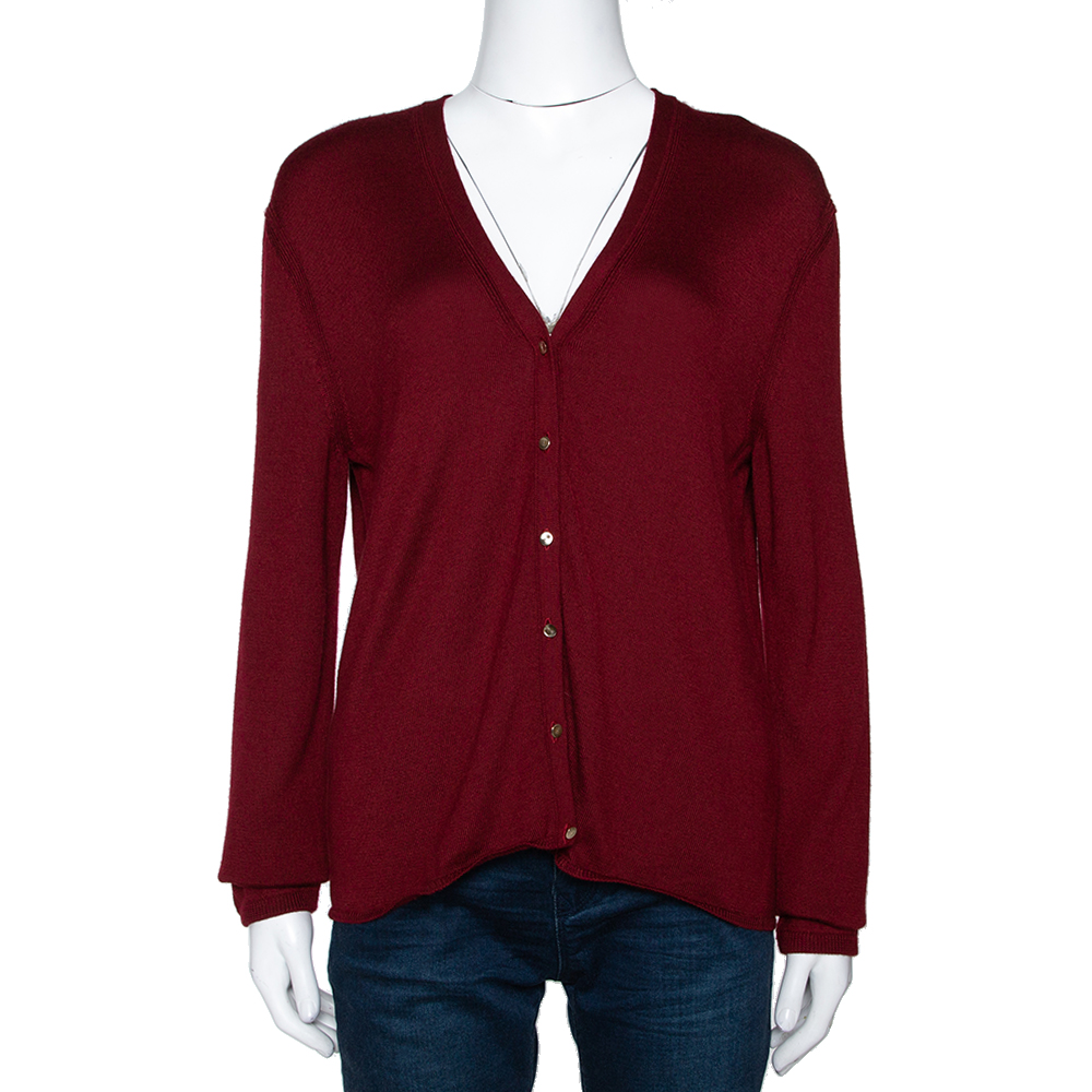 Image of Herm&egrave;s Burgundy Cashmere Silk Button Front Cardigan M