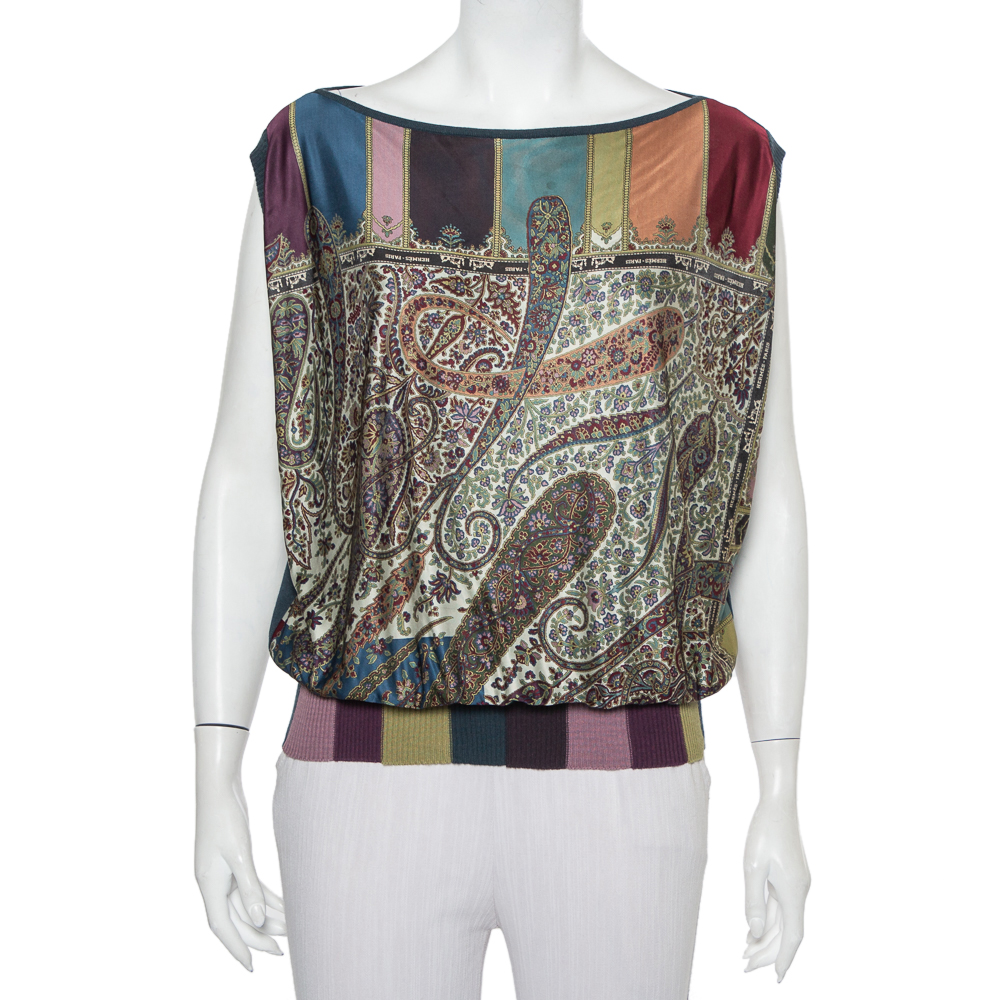Hermes Multicolor Paisley Printed Knit & Cashmere Oversized Sleeveless Top S
