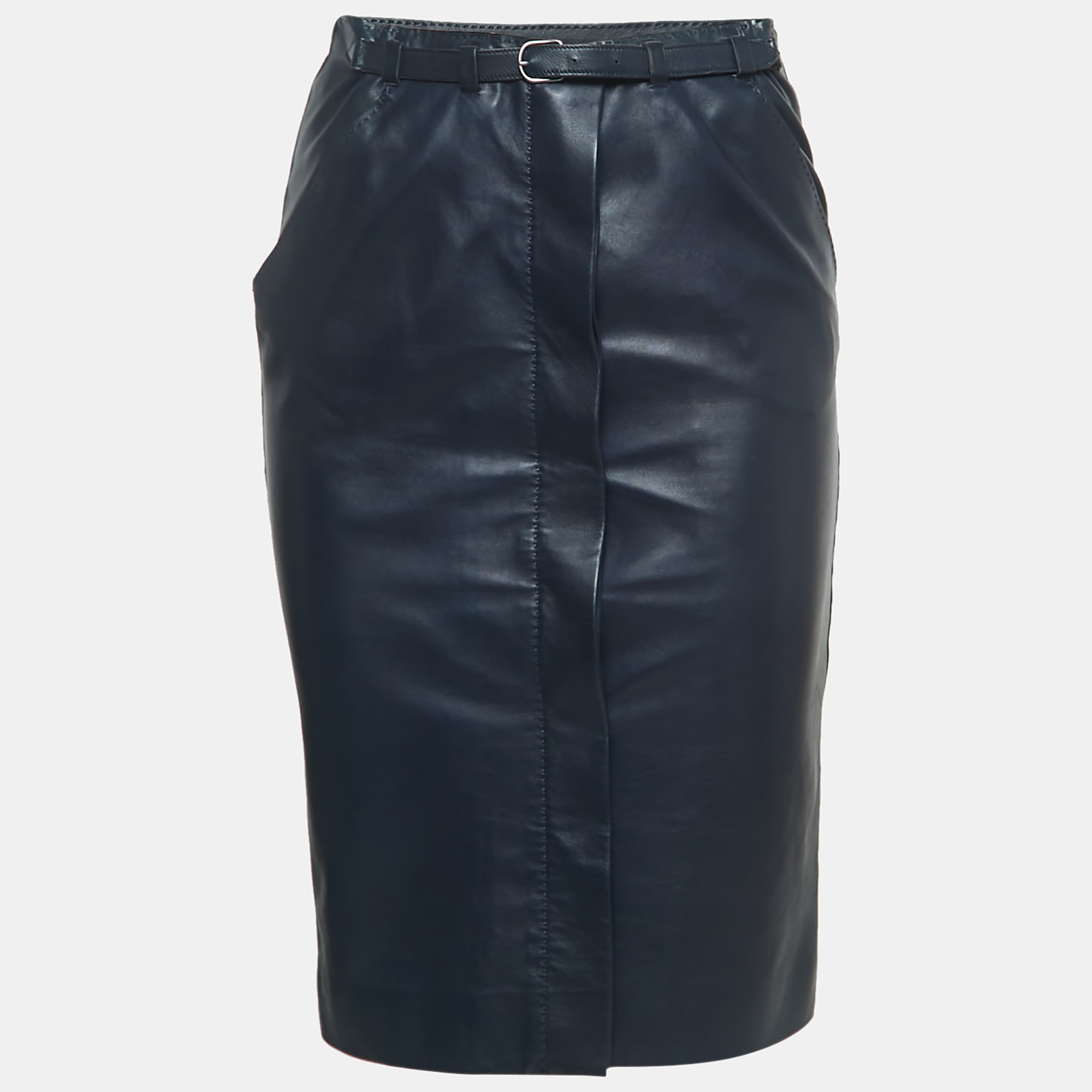 Hermes Navy Blue Lambskin Leather Midi Skirt S