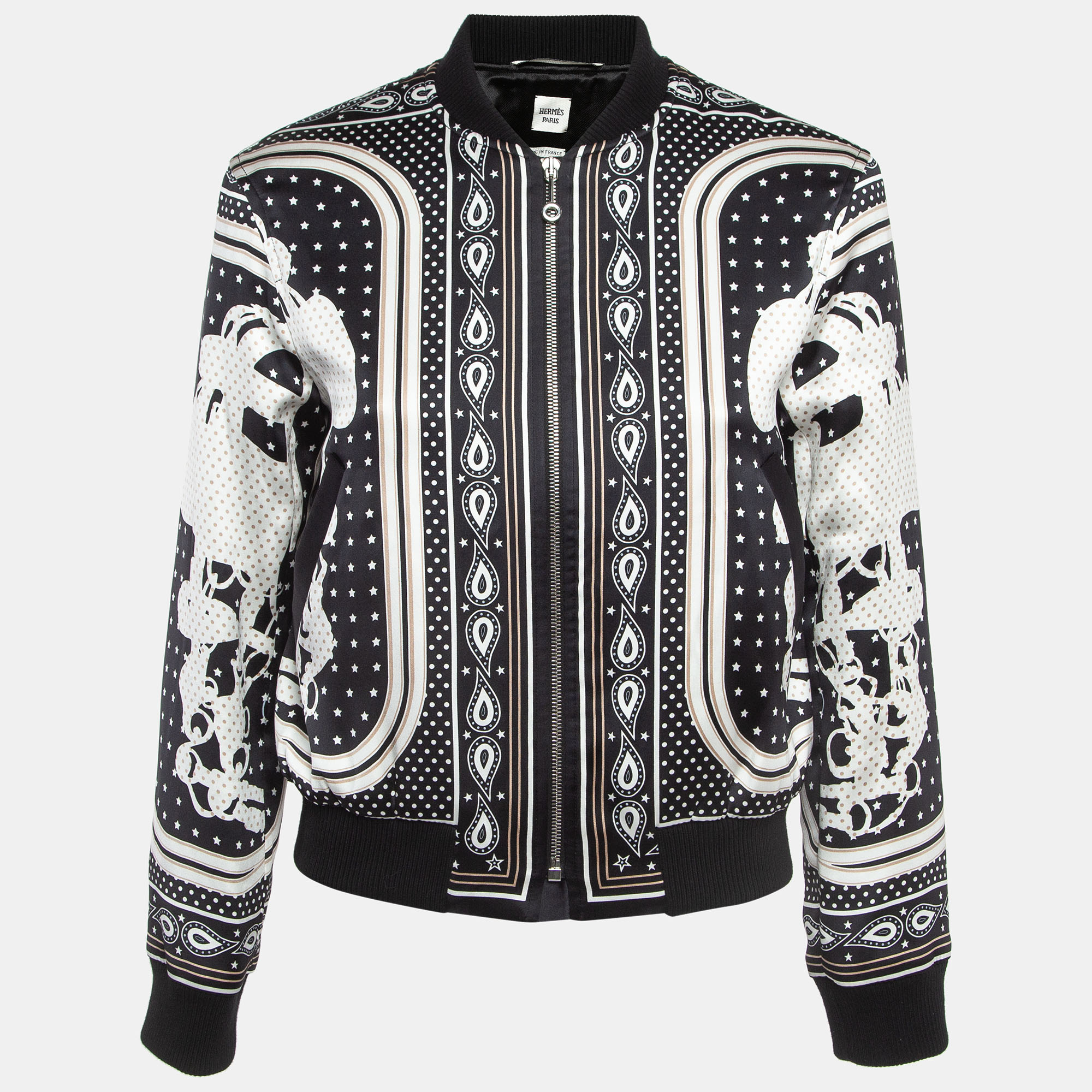 Hermes herm&egrave;s black print silk satin zip front biker jacket s