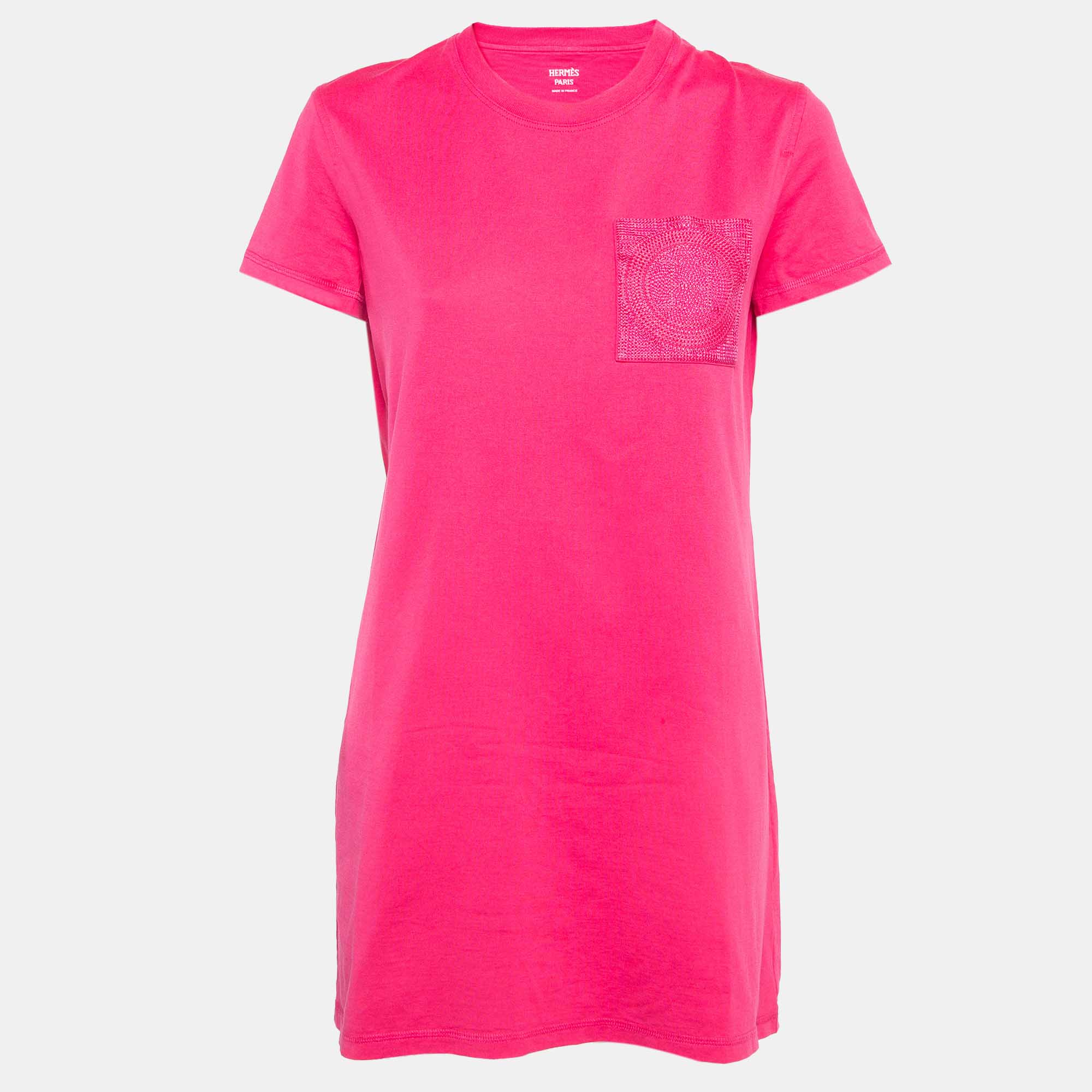 Hermes herm&egrave;s pink embroidered pocket cotton knit mini t-shirt dress m
