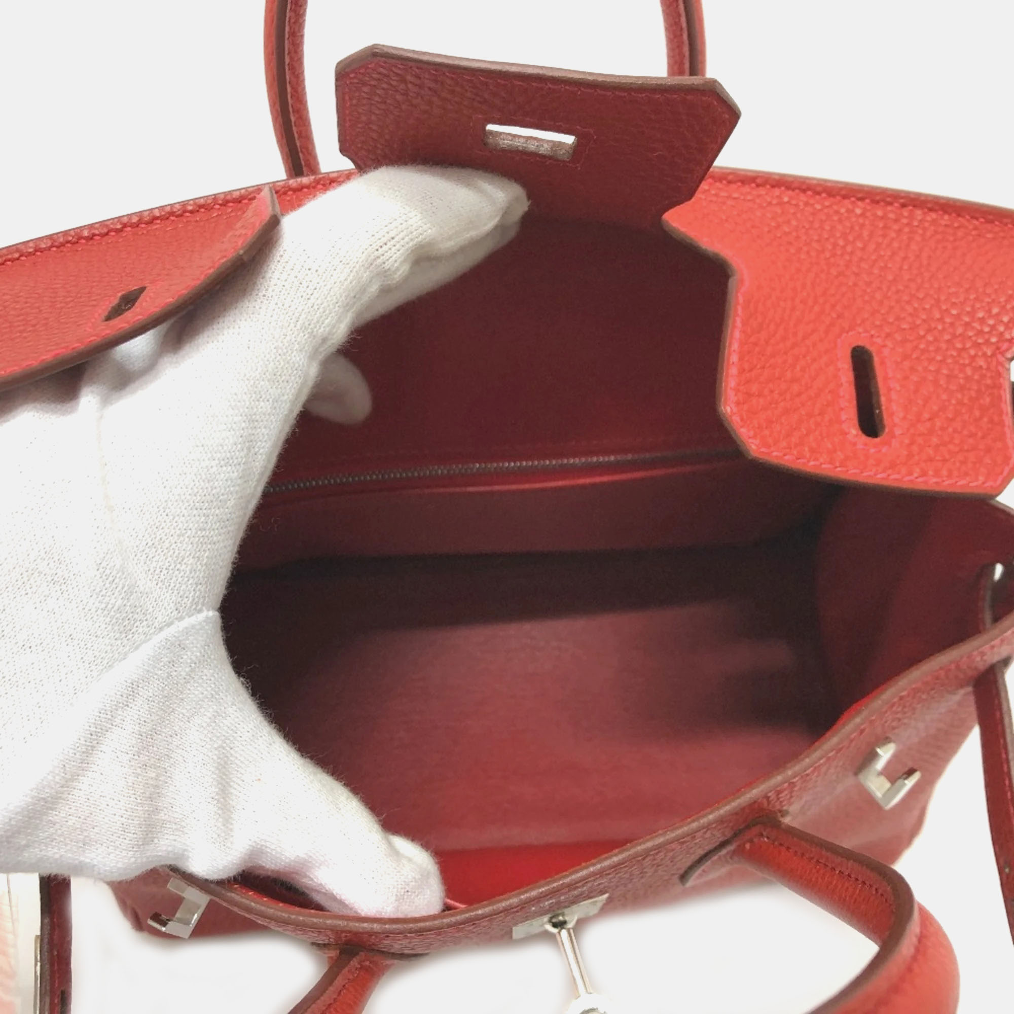 Hermes Vermillion Red Leather Birkin 25 Tote Bag