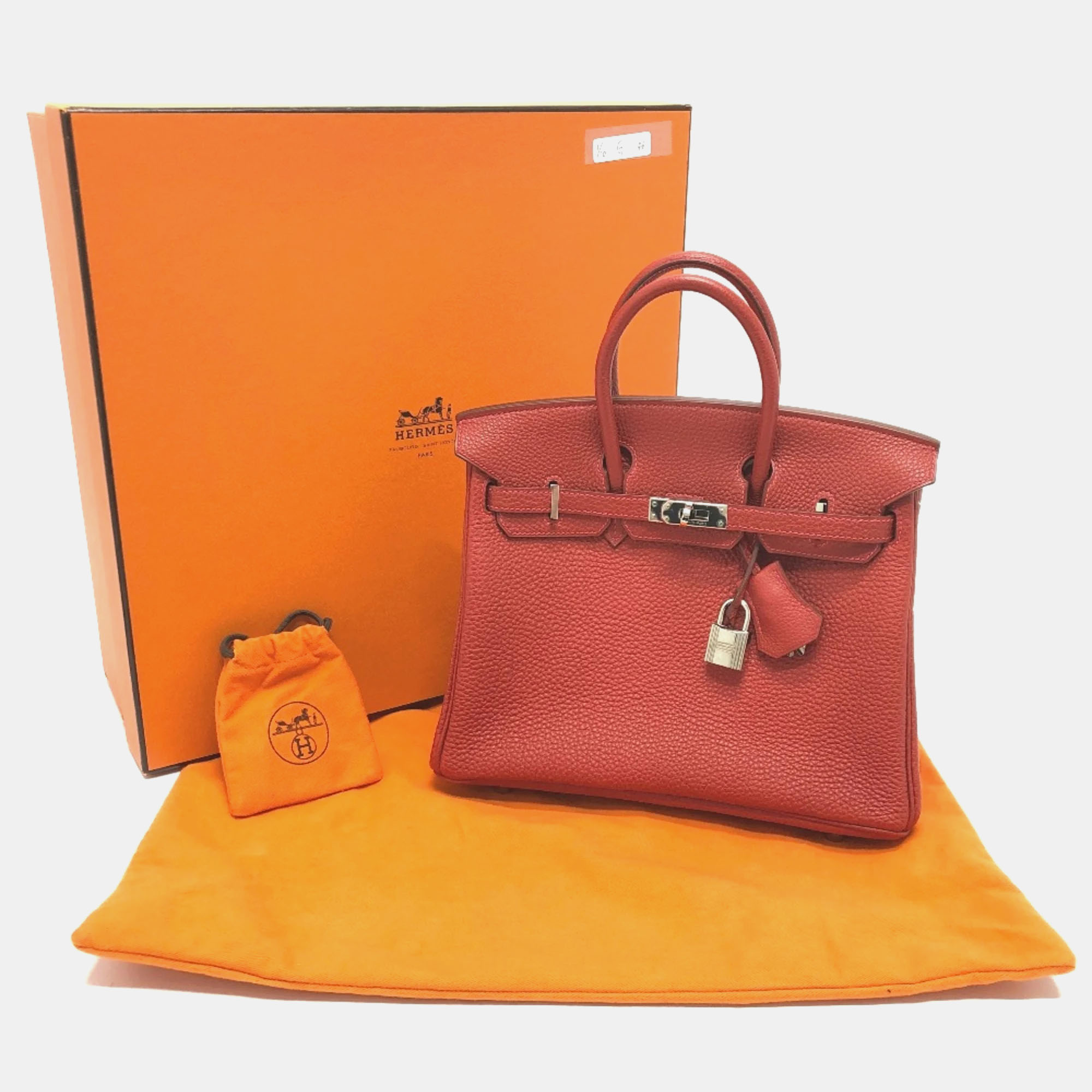 Hermes Vermillion Red Leather Birkin 25 Tote Bag