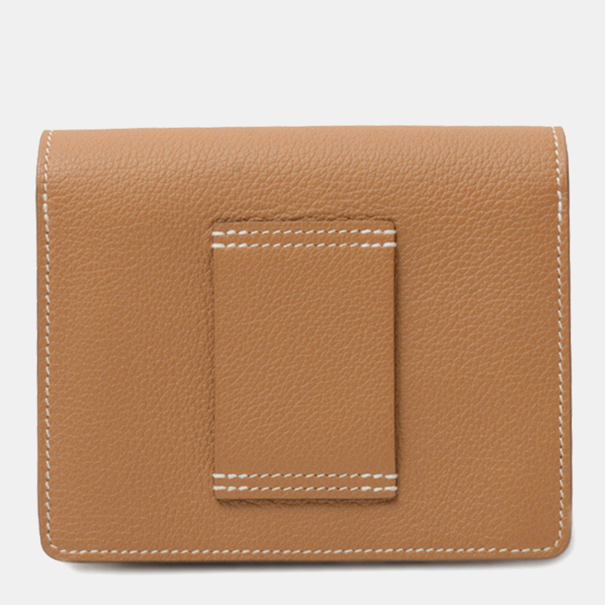 Hermes Gold Leather Evercolor Roulis Slim Mini Wallet