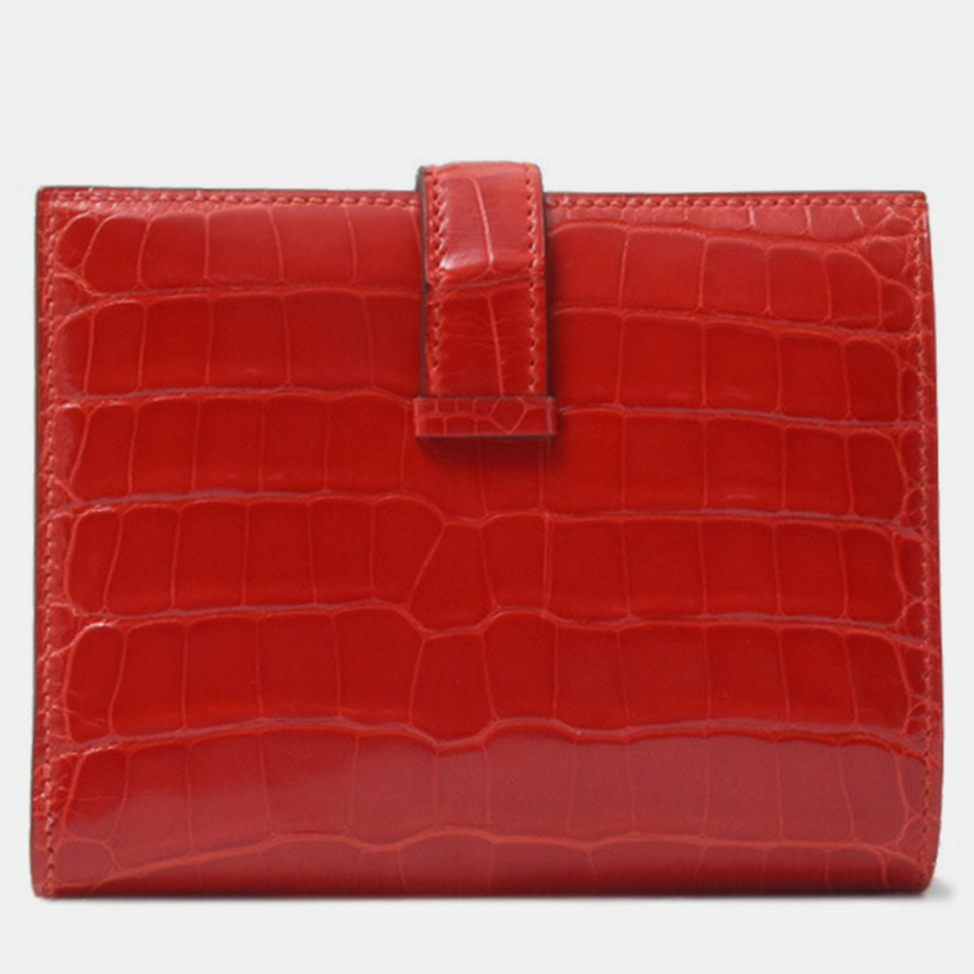 Hermès Red Geranium Shiny Alligator Compact Bearn Wallet