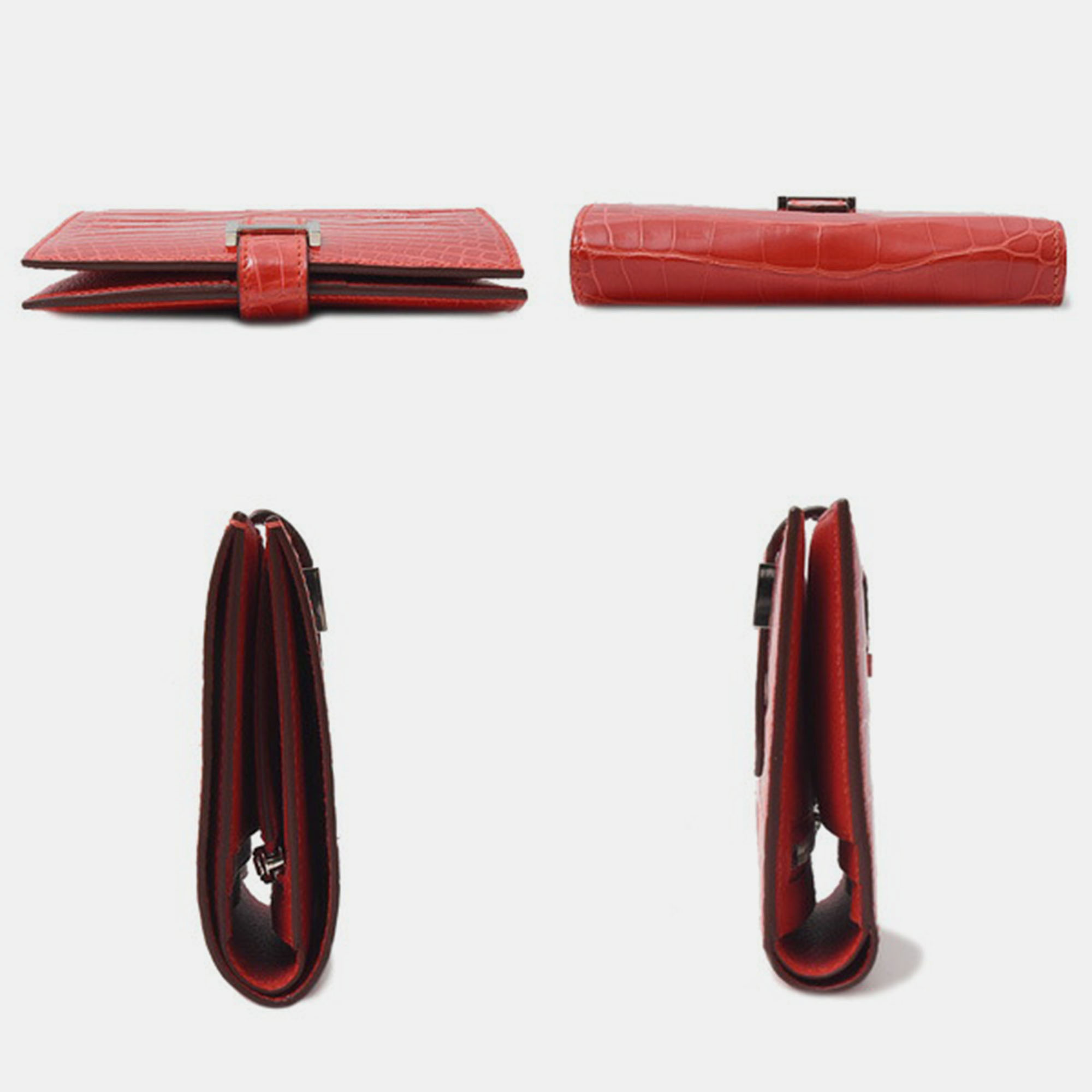 Hermès Red Geranium Shiny Alligator Compact Bearn Wallet