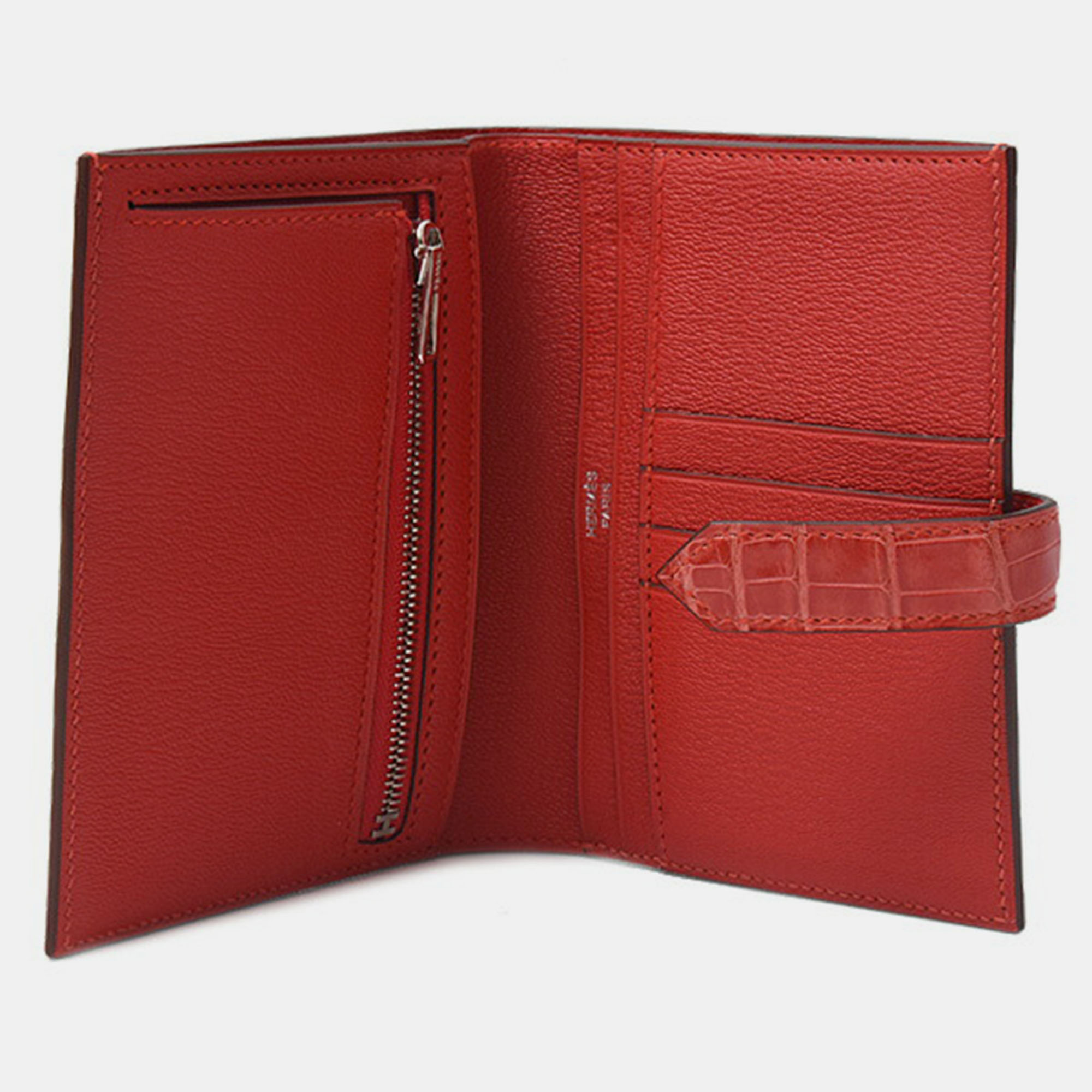 Hermès Red Geranium Shiny Alligator Compact Bearn Wallet