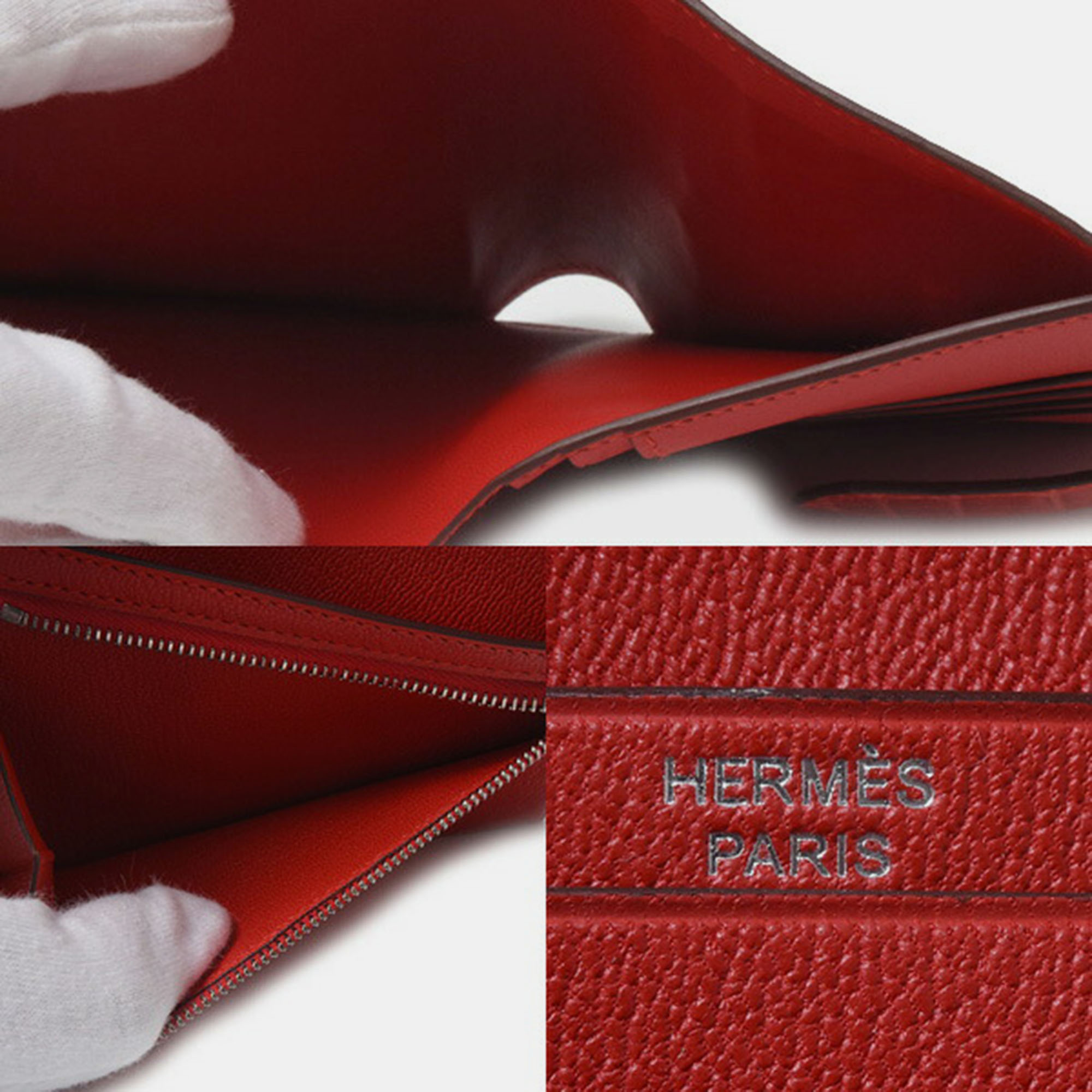 Hermès Red Geranium Shiny Alligator Compact Bearn Wallet