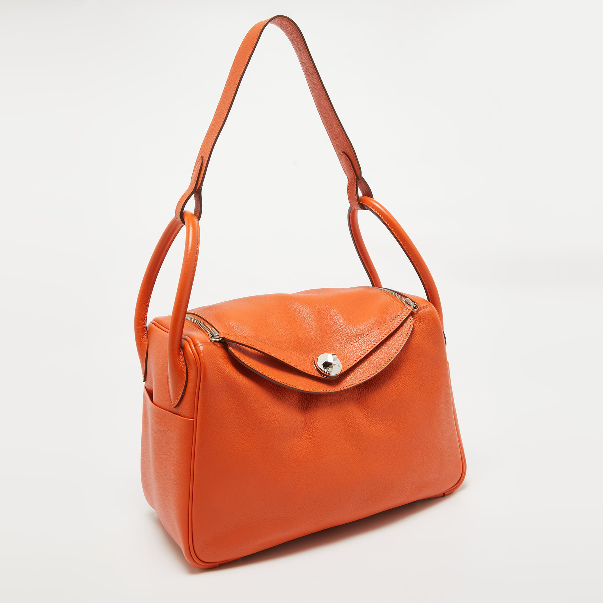 Hermes Orange Evercolor Leather Palladium Finish Lindy 30 Bag