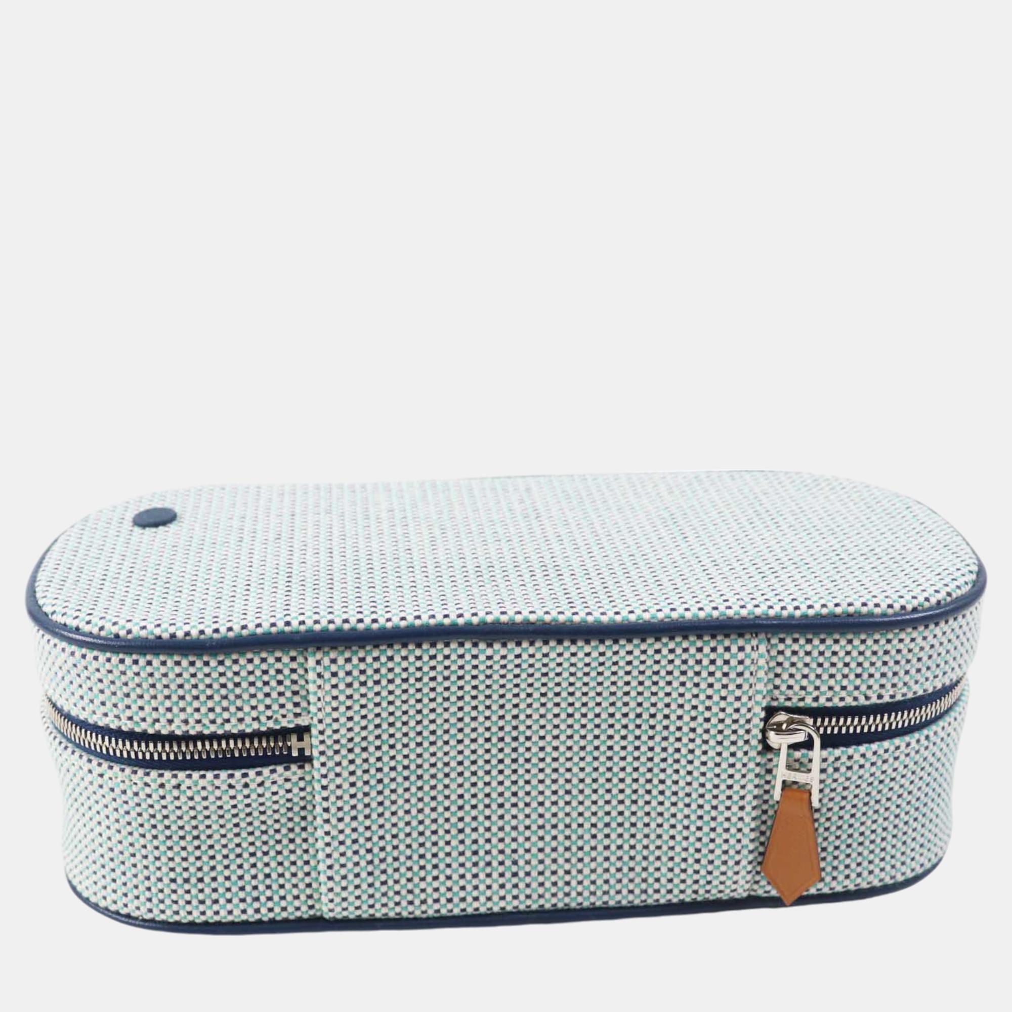 Hermes Escal Toile H Tricolor Cosmetic Pouch Blue Cotton