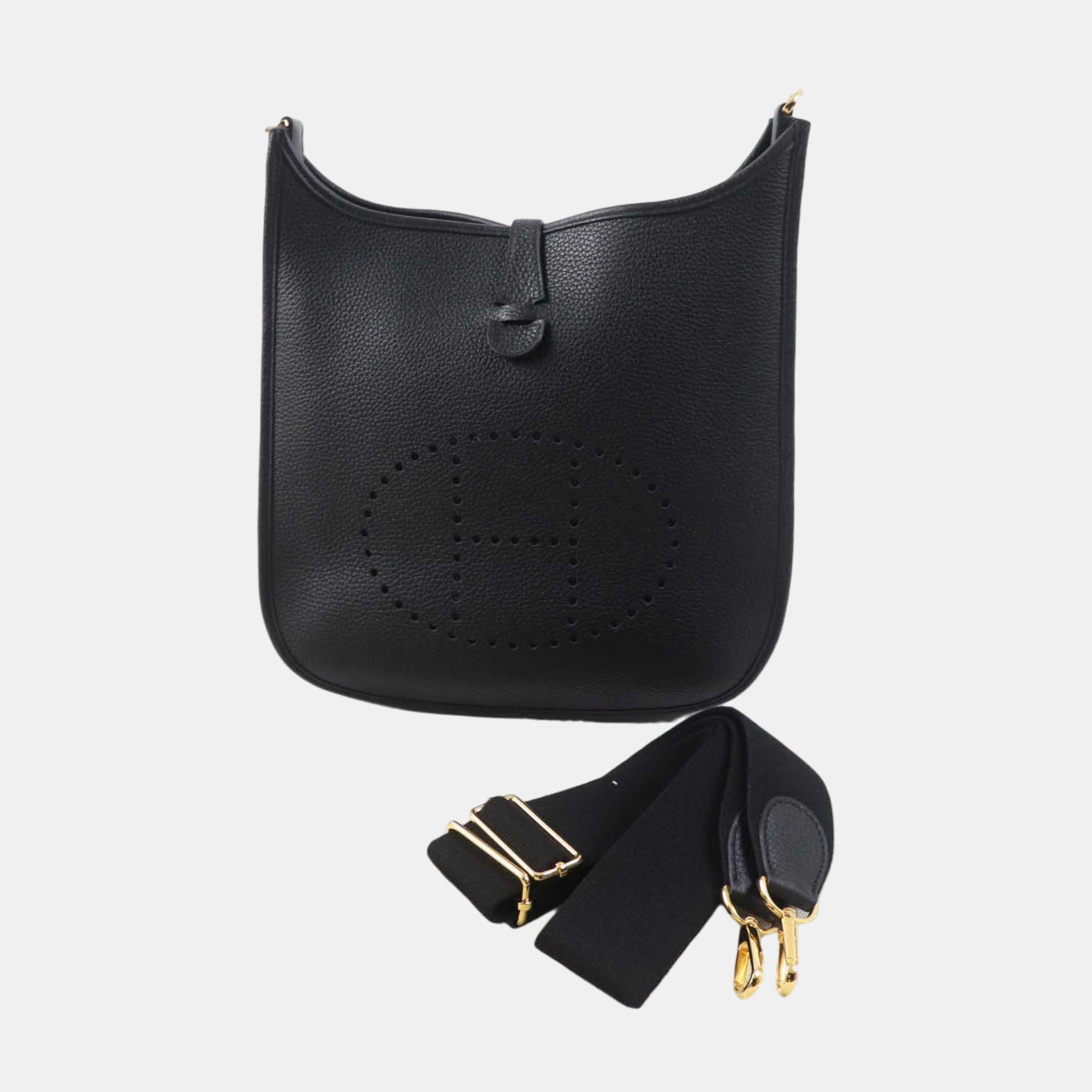 Hermes Evelyn 3PM Clemence Shoulder Bag Black Leather