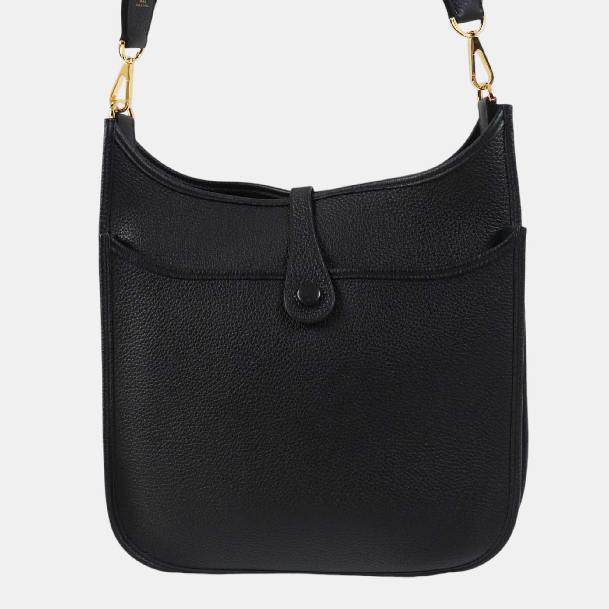 Hermes Evelyn 3PM Clemence Shoulder Bag Black Leather