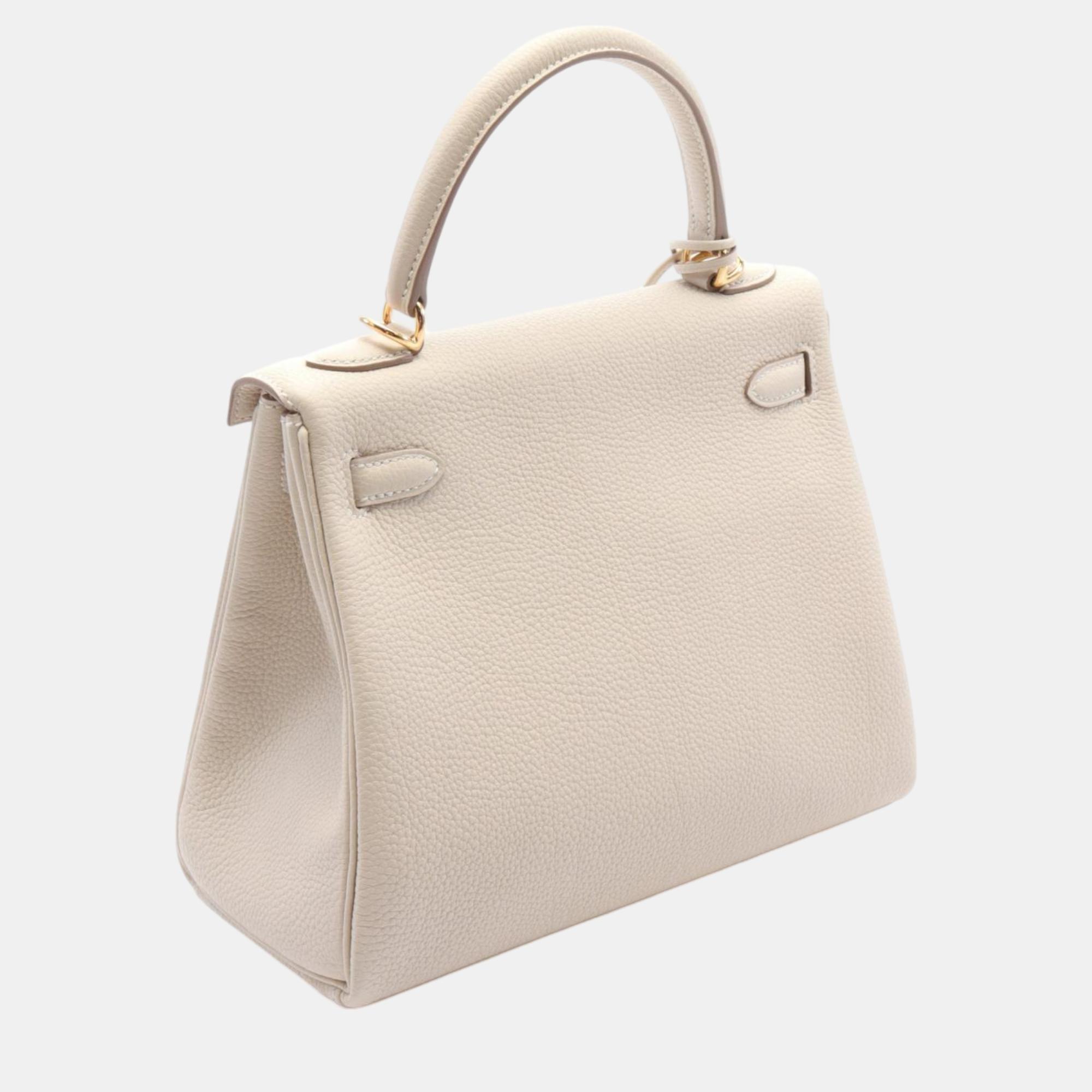 Hermes Kelly 25 Togo Handbag White Leather