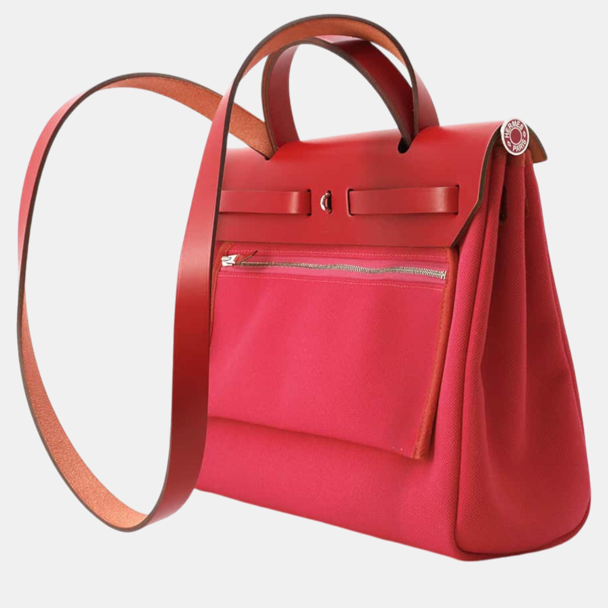 Hermes Herbag Zip Rose Mexico/Rouge Piman Toile H Vache Hunter Leather Size PM