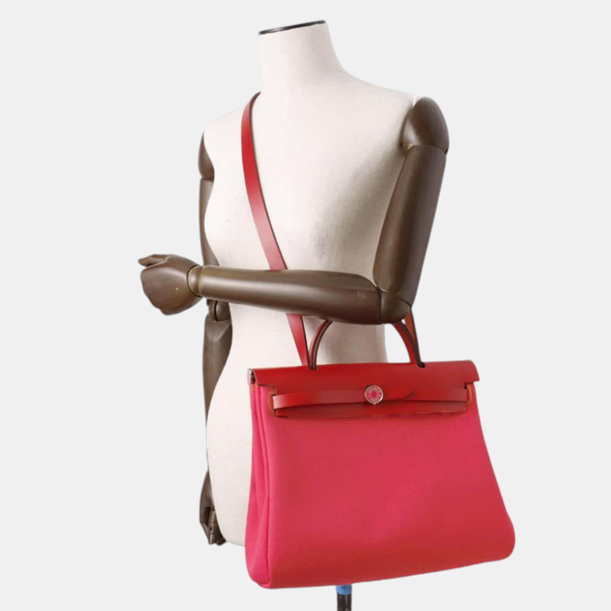 Hermes Herbag Zip Rose Mexico/Rouge Piman Toile H Vache Hunter Leather Size PM