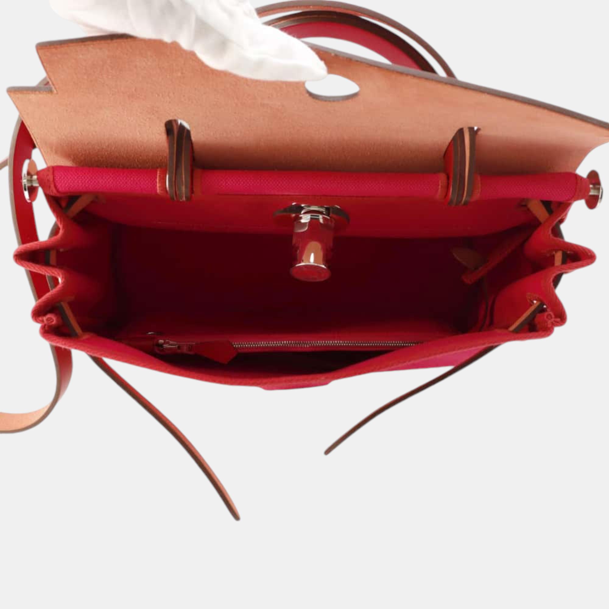 Hermes Herbag Zip Rose Mexico/Rouge Piman Toile H Vache Hunter Leather Size PM