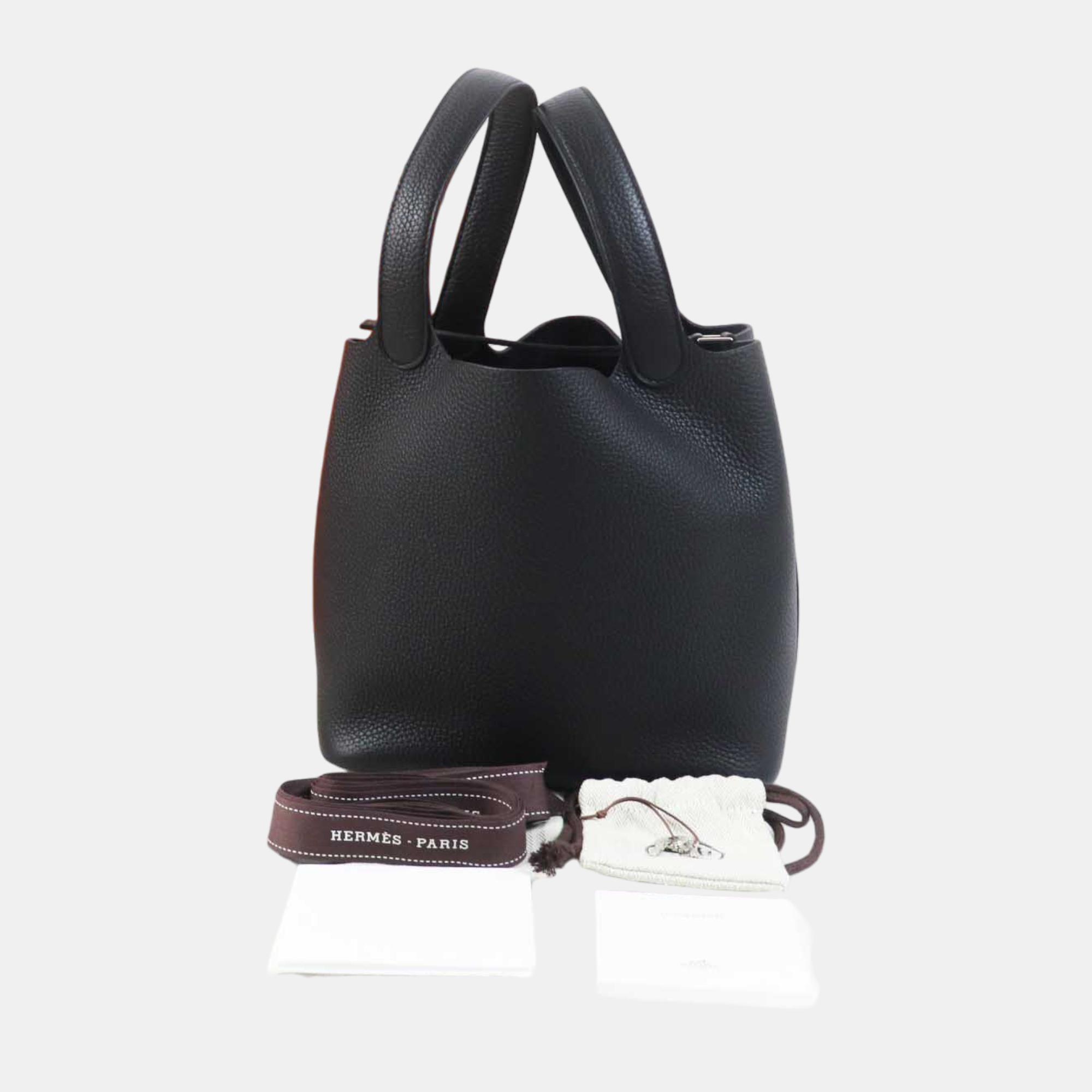 Hermes Picotan Lock MM Clemence Handbag Black Leather