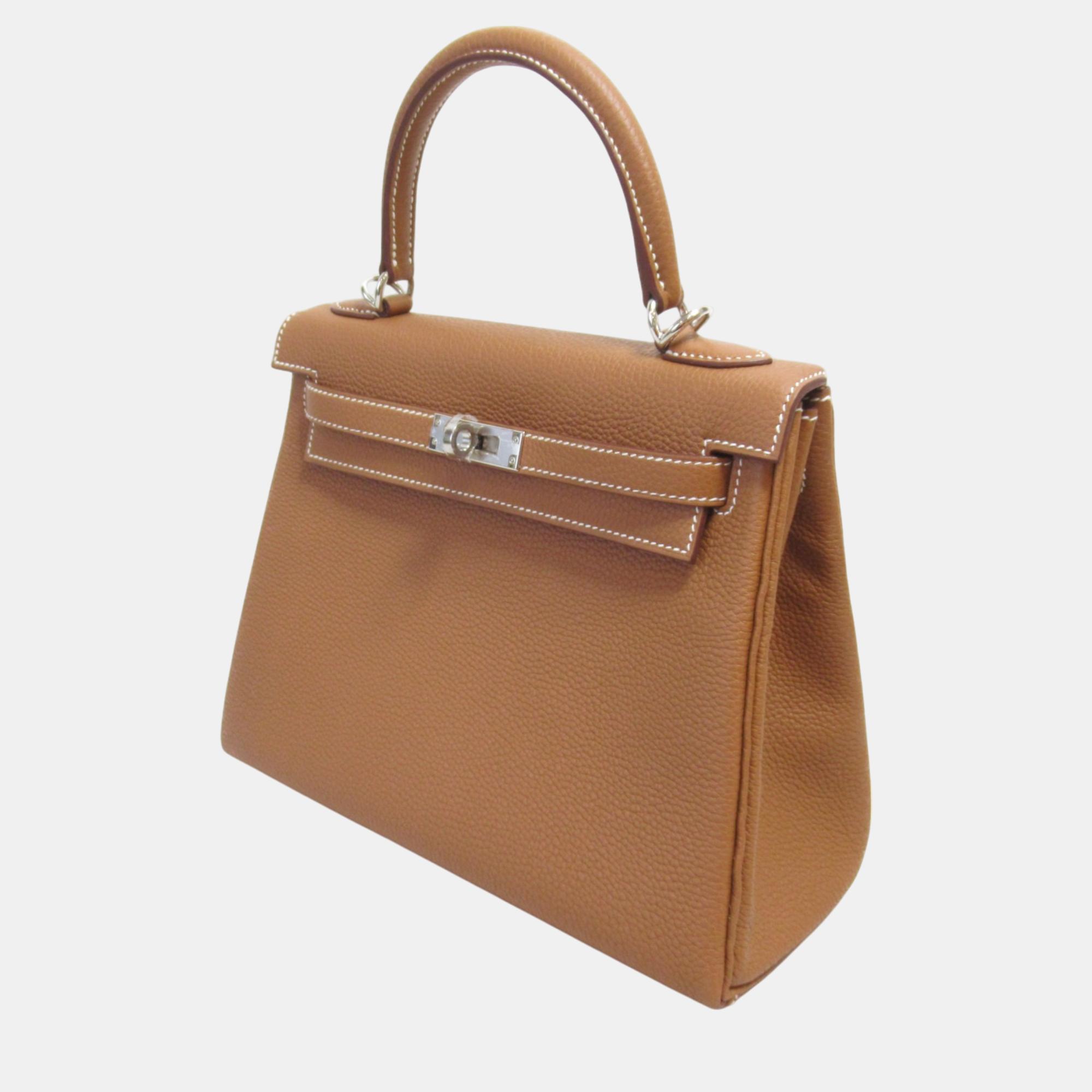 Hermes Kelly 25 Togo Leather Handbag Brown Brown Leather