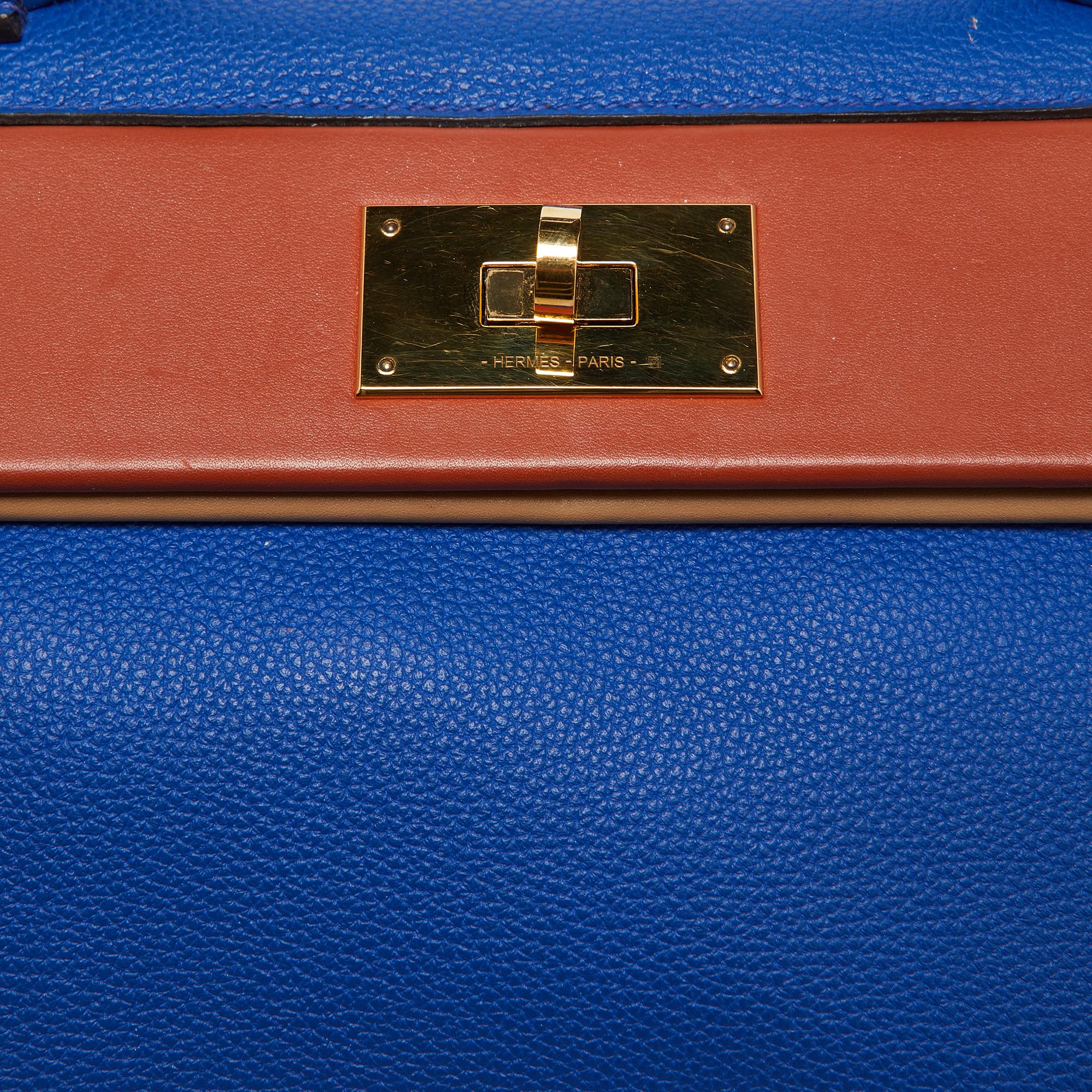 Hermes Blue Royal/Tabac Camel/Fauve Evercolor And Swift Leather Gold Finish 24/24 29 Bag