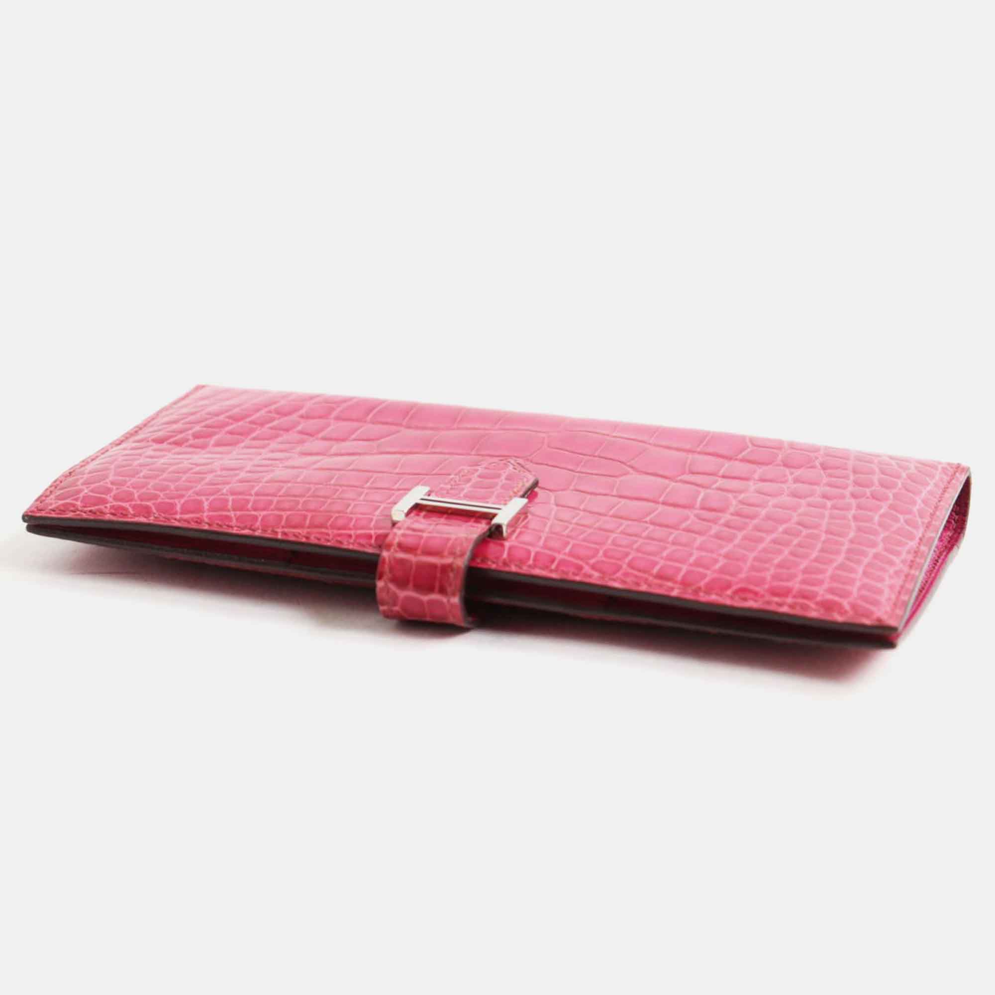 Hermes Bearn Alligator Silver Wallet Rose Gold Leather