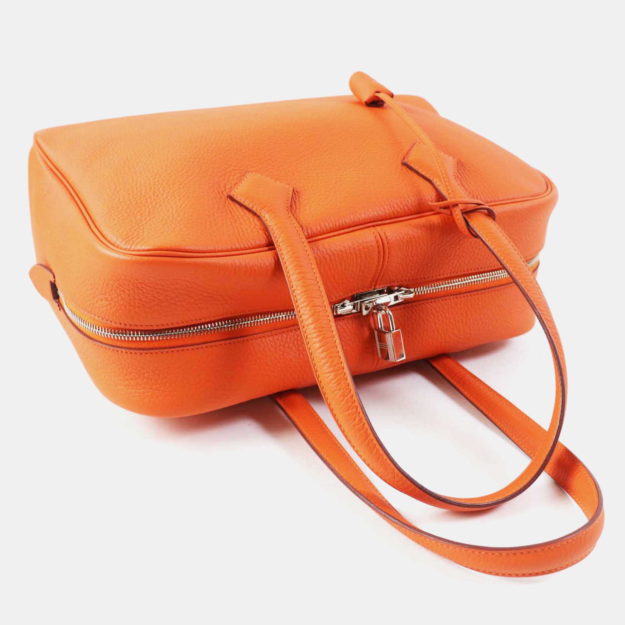 Hermes Orange Leather Victoria 35 Clemence Boston Bag